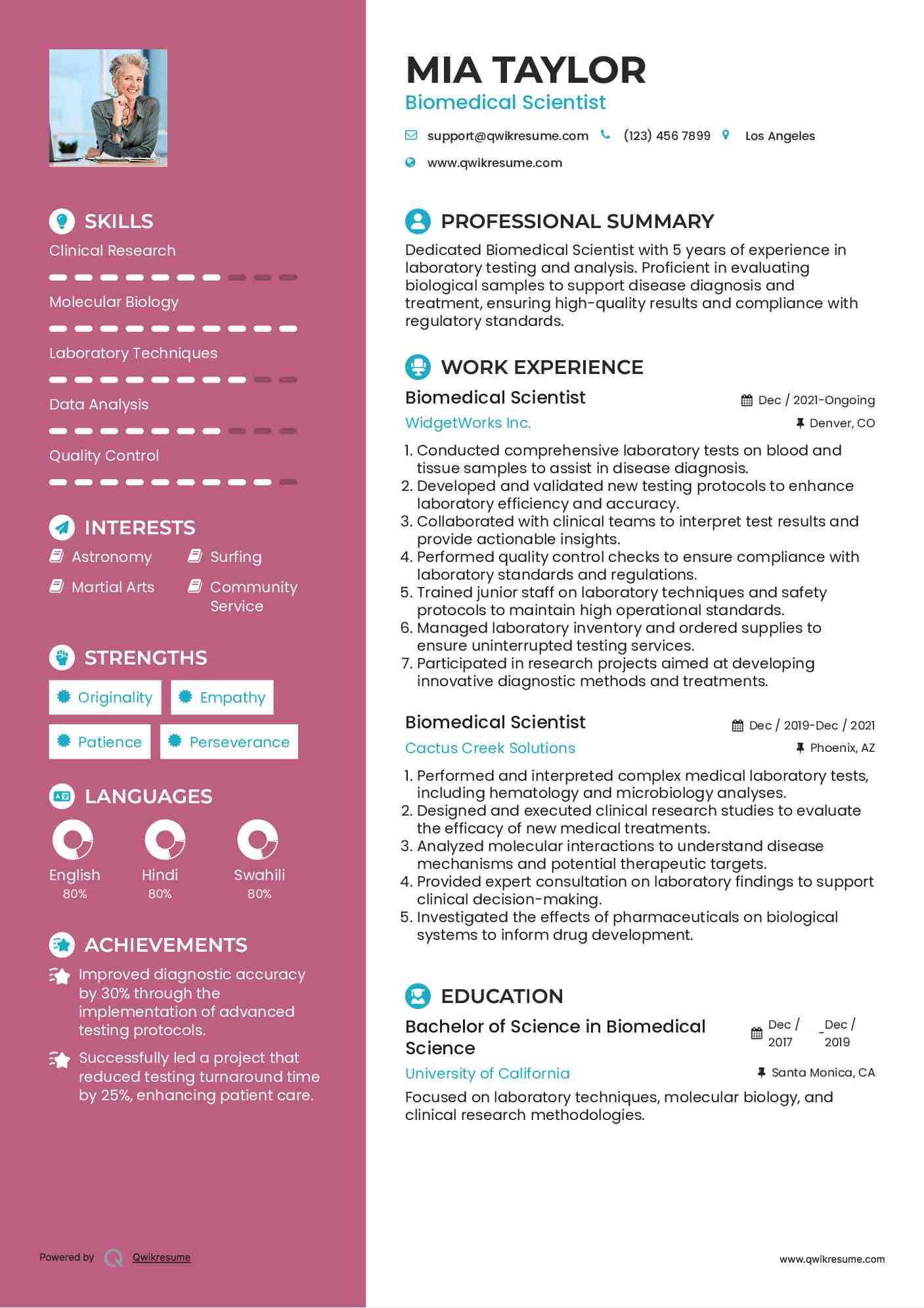 Biomedical Scientist Resume Model