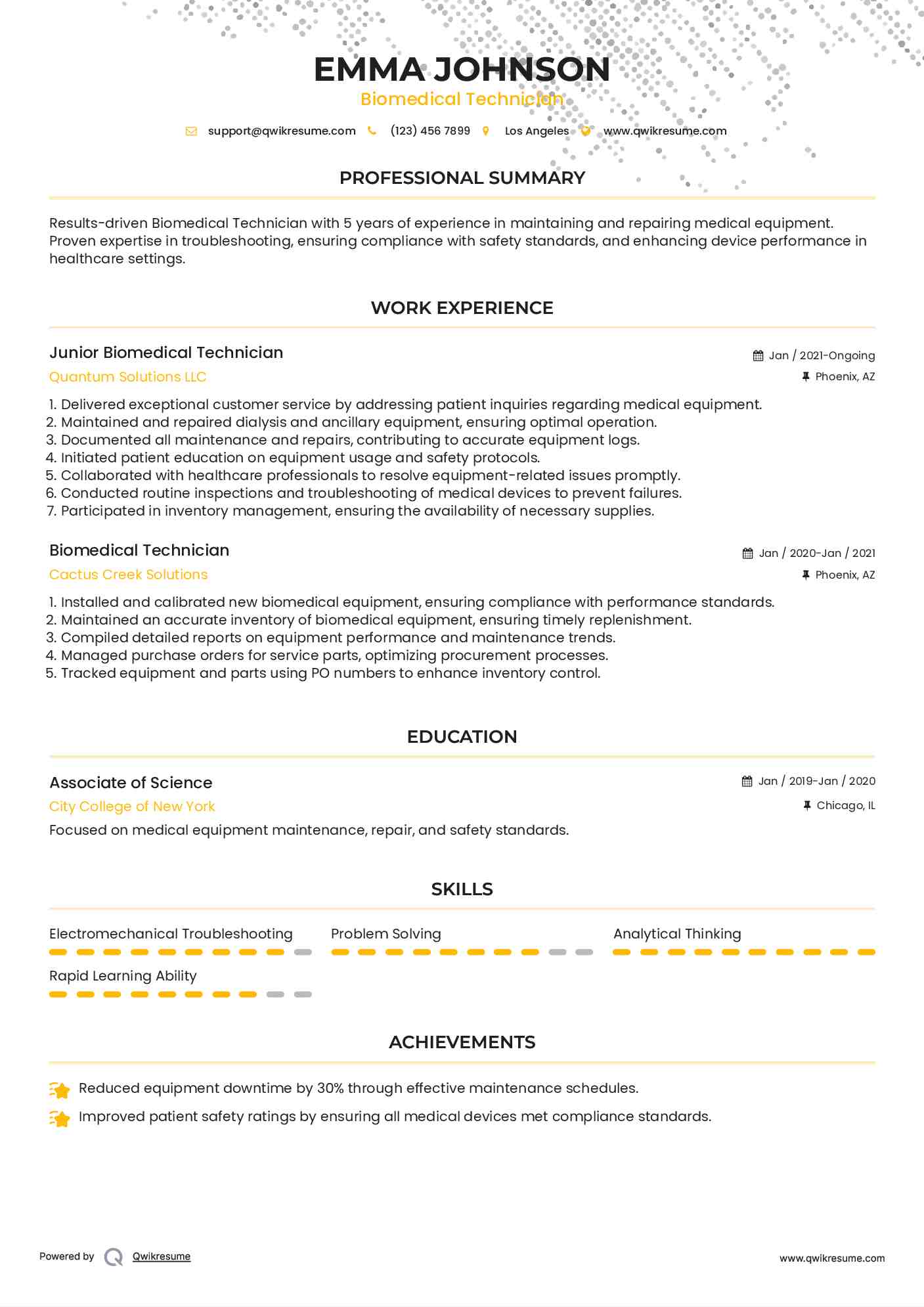 Junior Biomedical Technician Resume Model