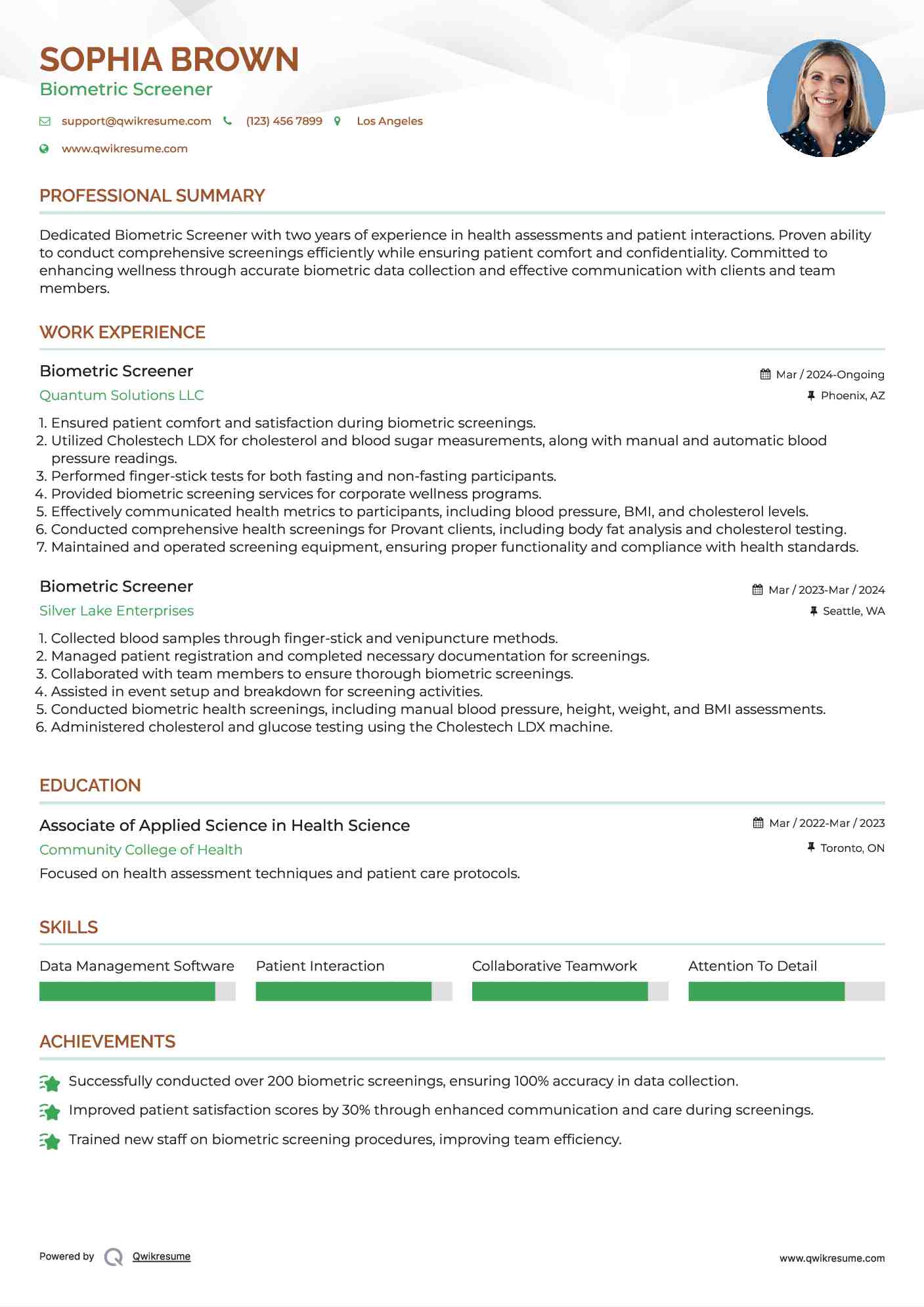 Biometric Screener Resume Sample
