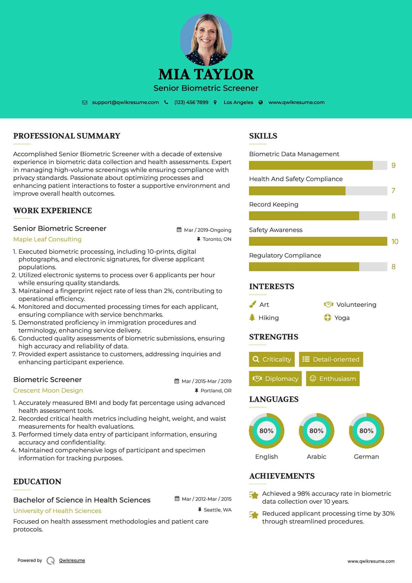 Senior Biometric Screener Resume Model
