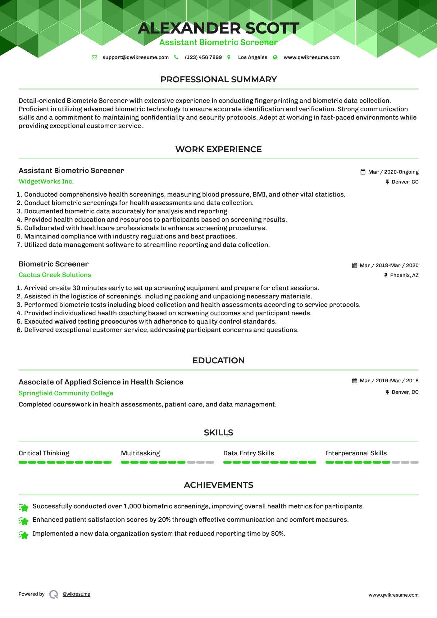 Assistant Biometric Screener Resume Example