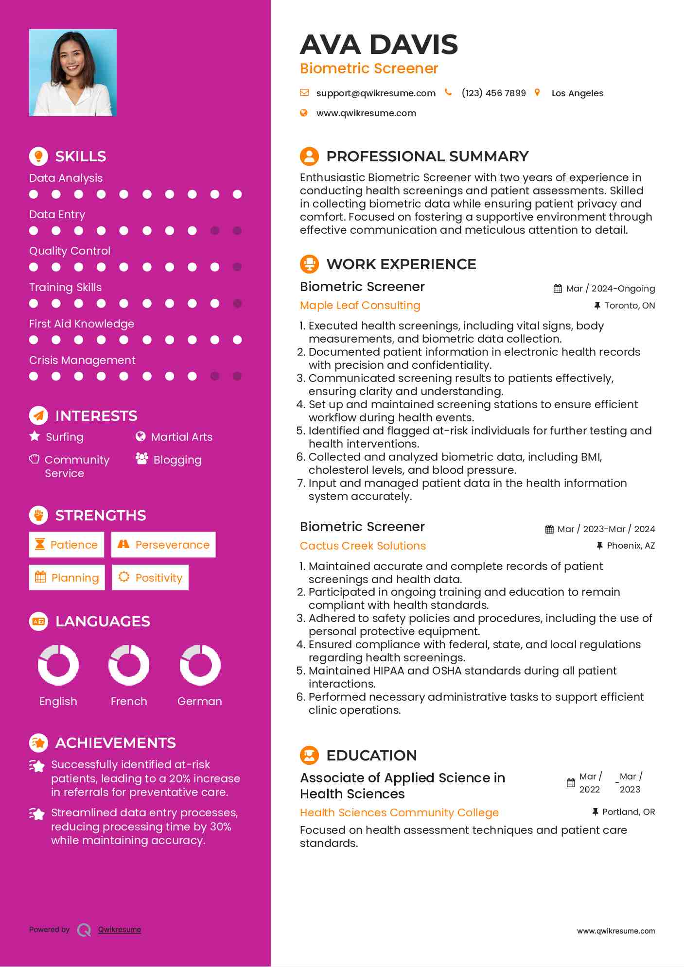 Biometric Screener Resume Samples QwikResume