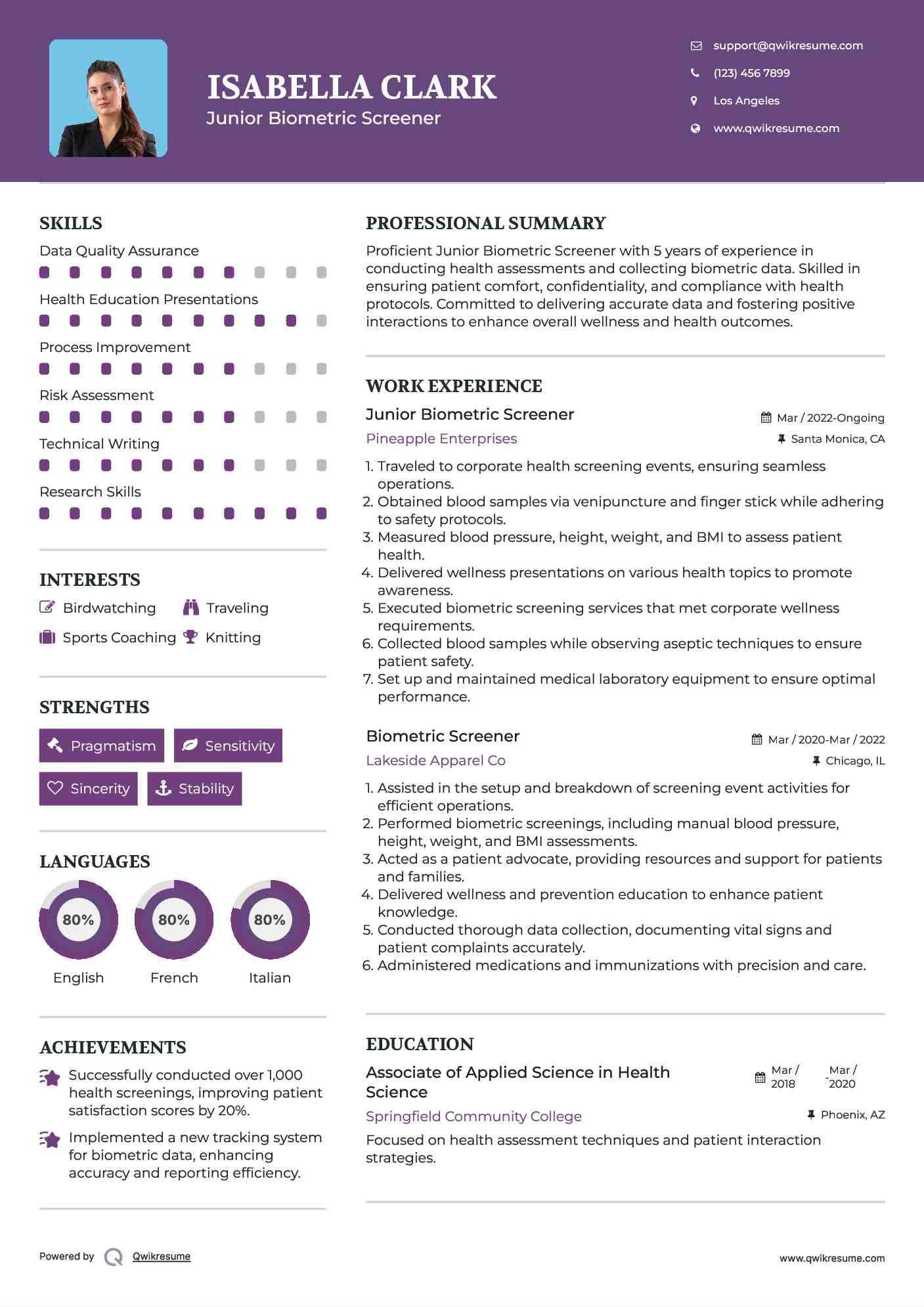 Biometric Screener Resume Samples QwikResume