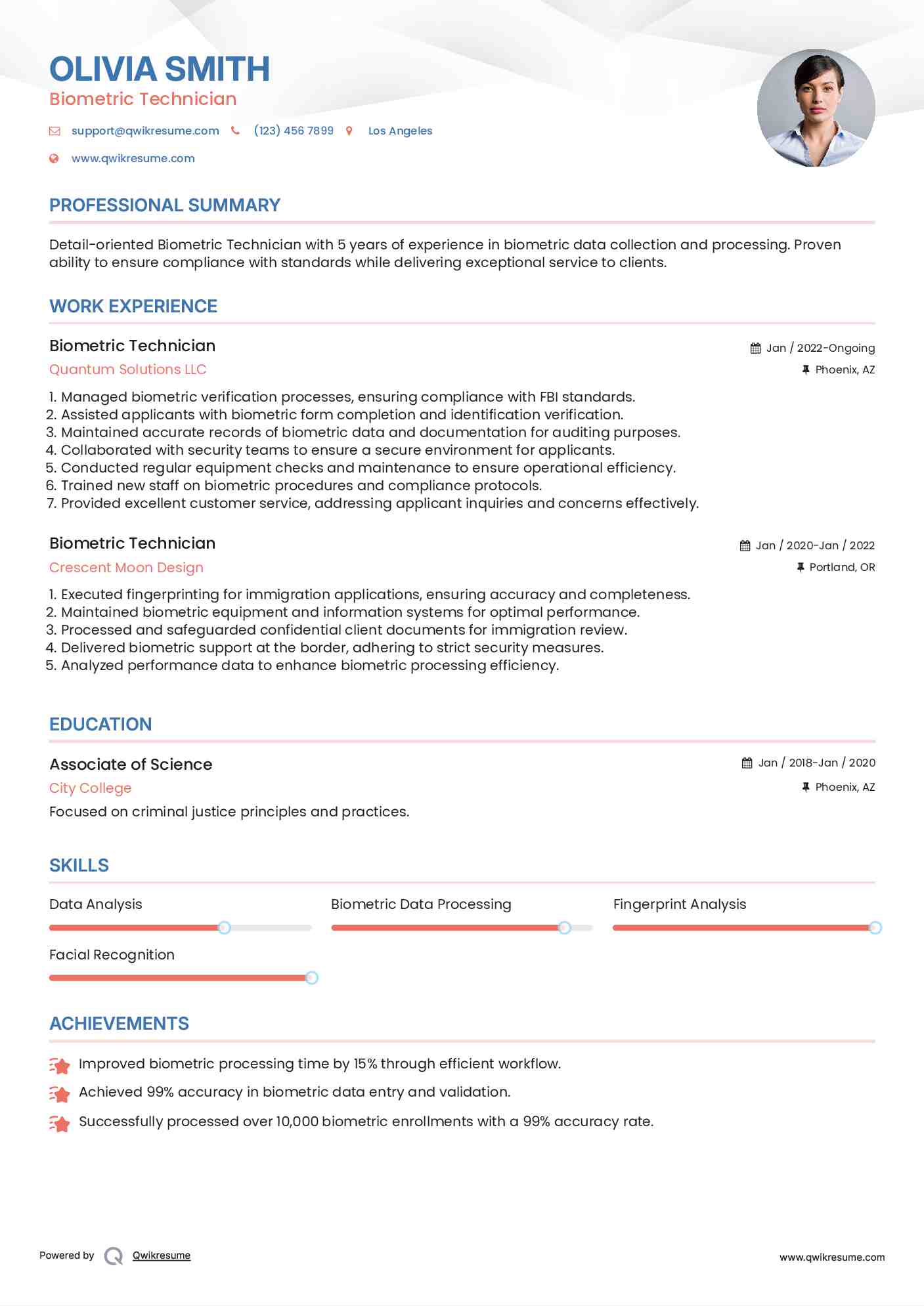 Biometric Technician Resume Example