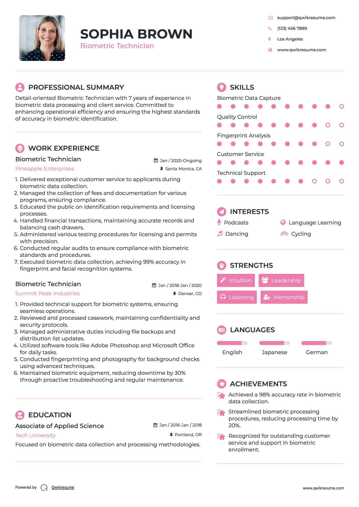 Biometric Technician Resume Example