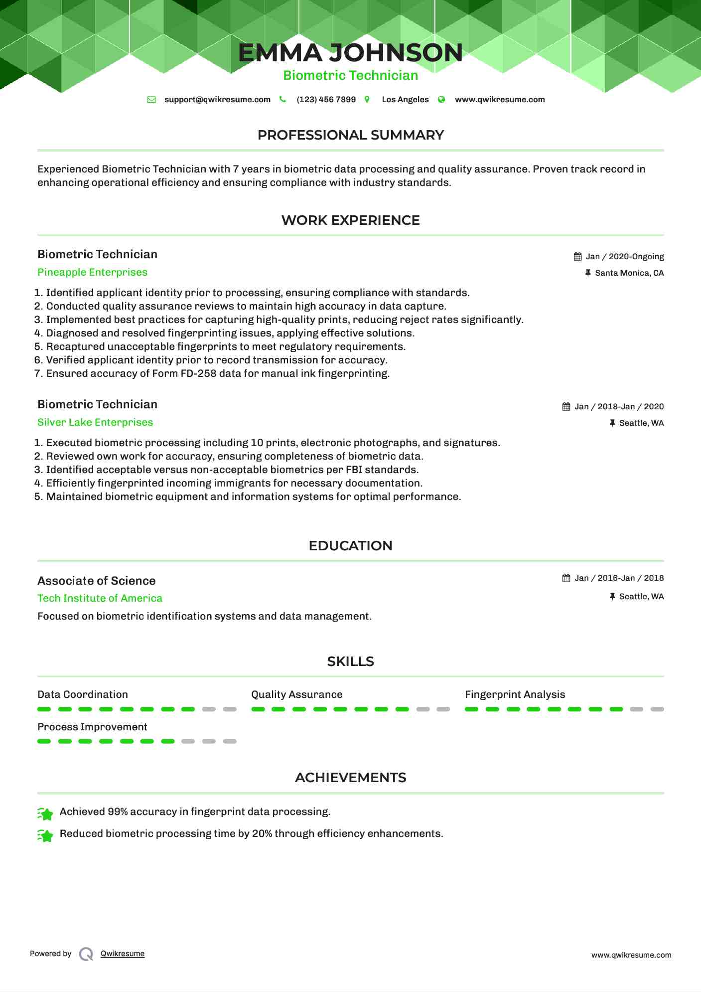 Biometric Technician Resume Example