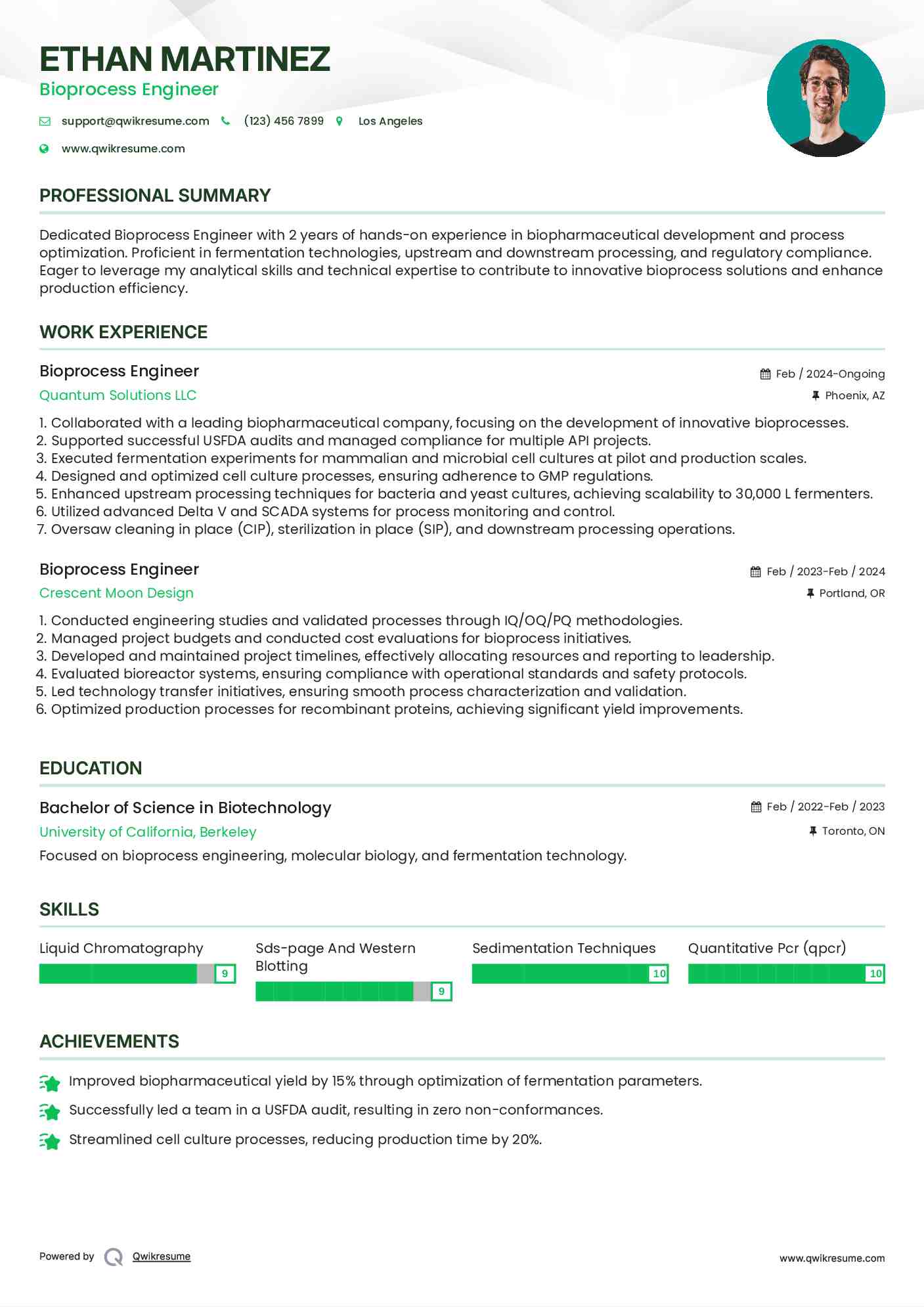 Bioprocess Engineer Resume Model
