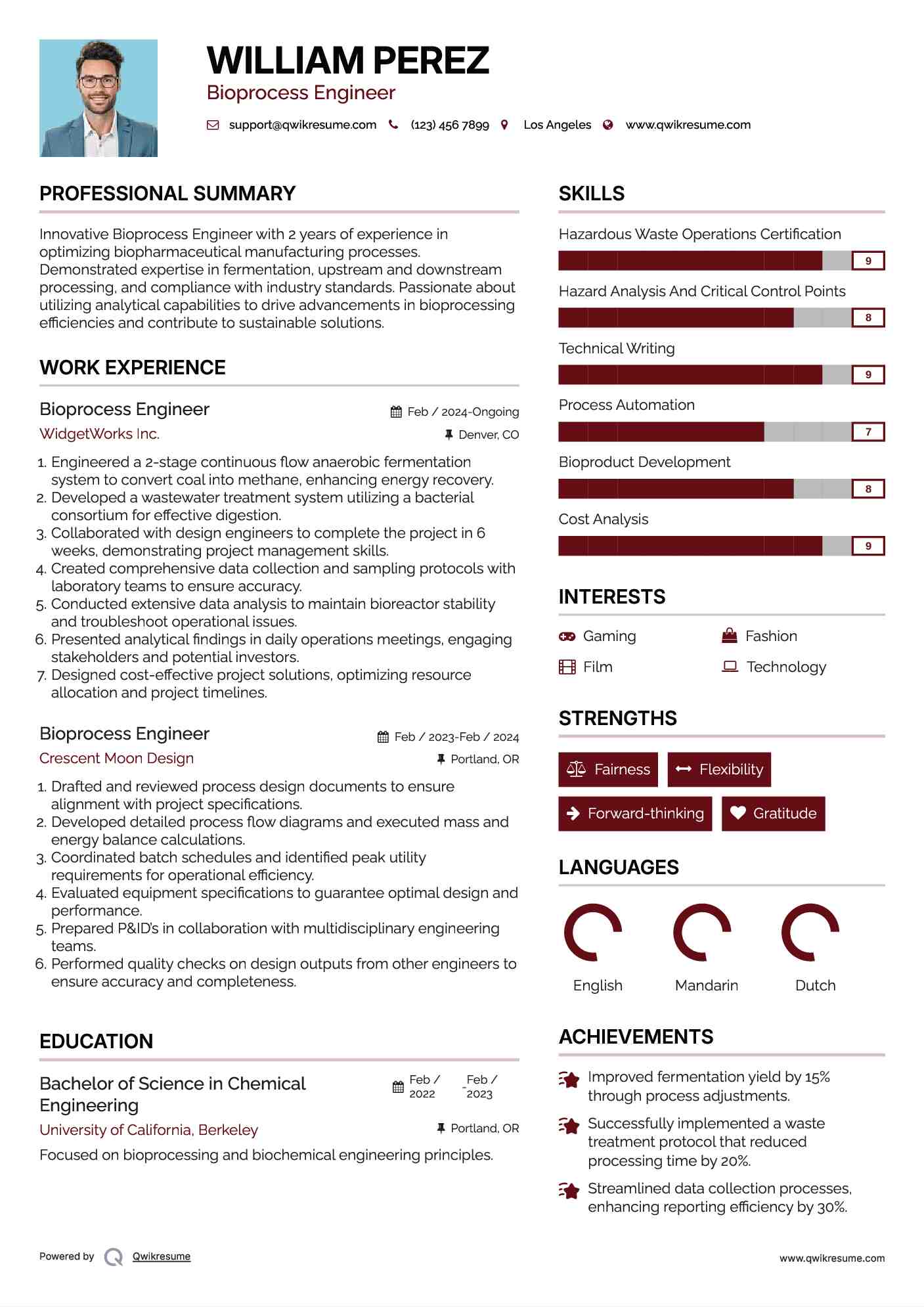 Bioprocess Engineer Resume Template