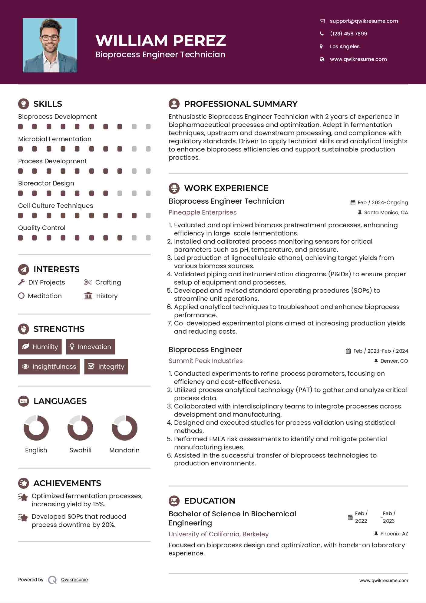 Bioprocess Engineer Technician Resume Model