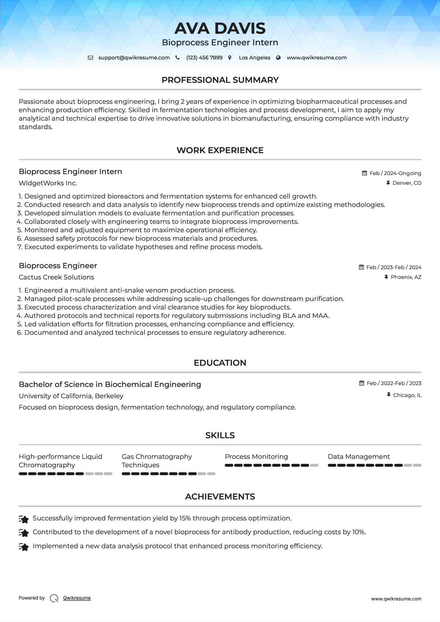 Bioprocess Engineer Intern Resume Format