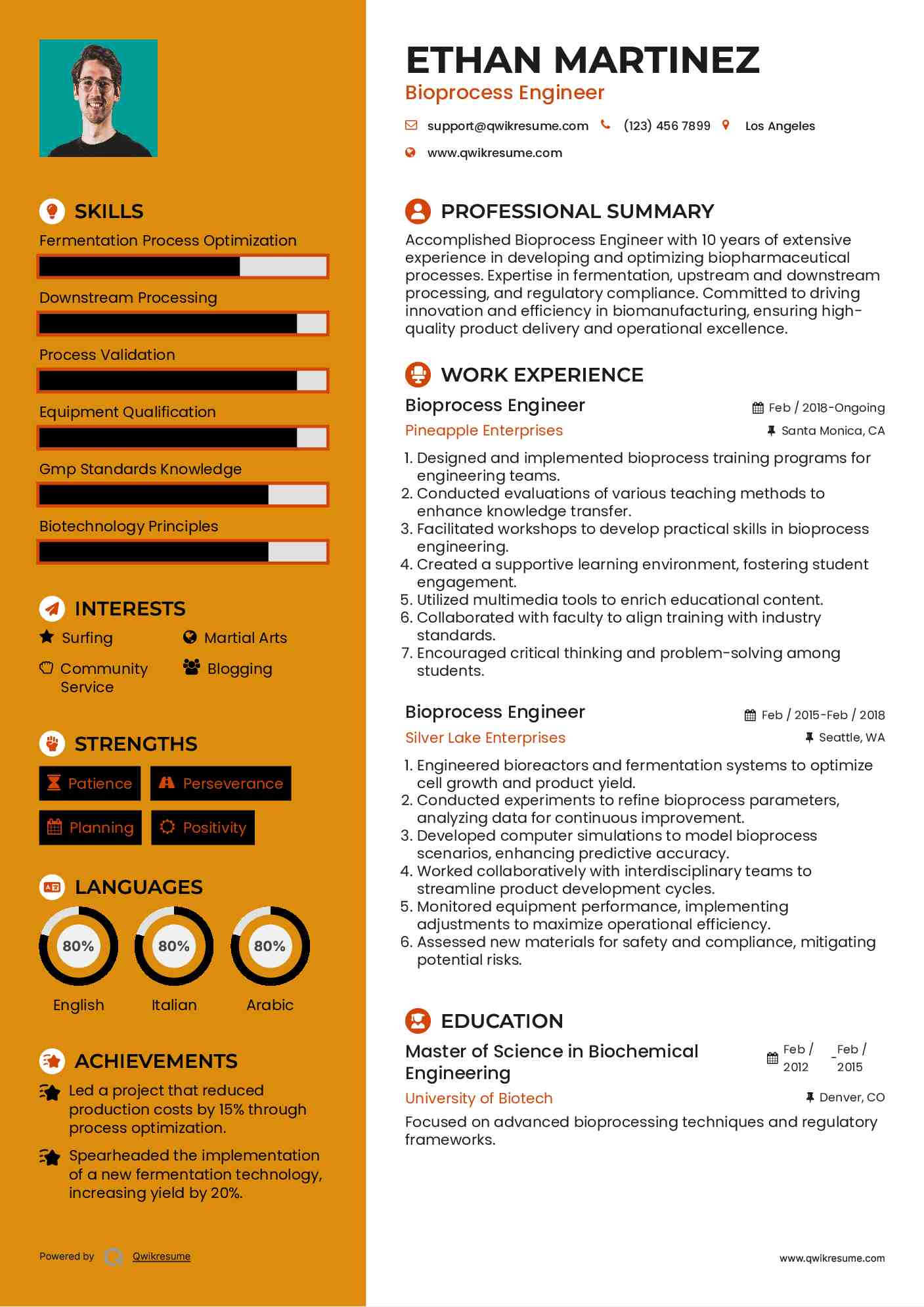 Bioprocess Engineer Resume Sample