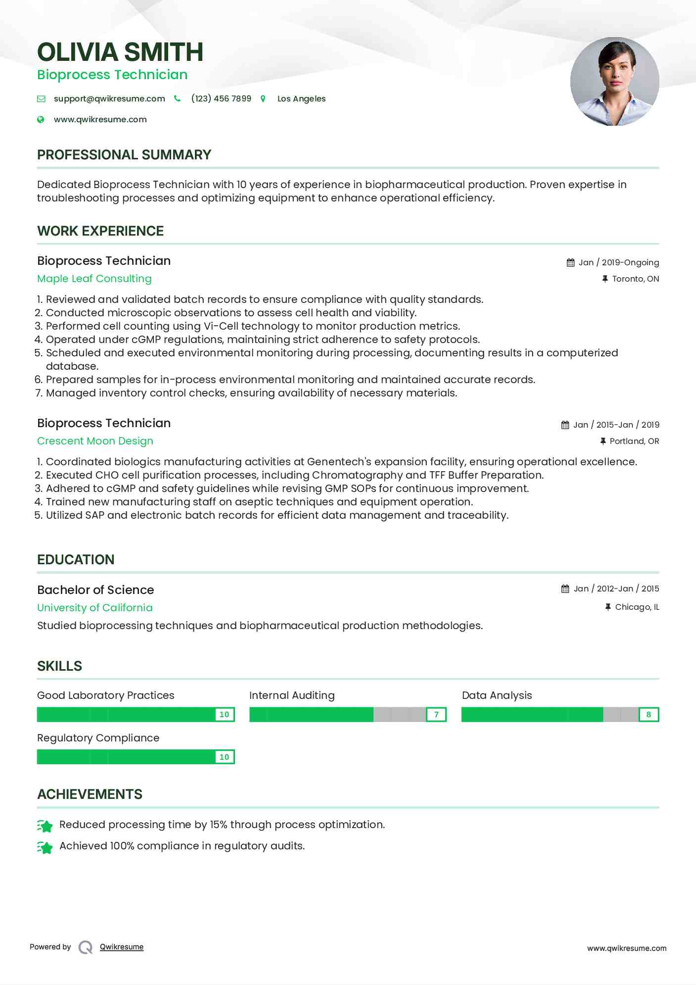 Bioprocess Technician Resume Sample