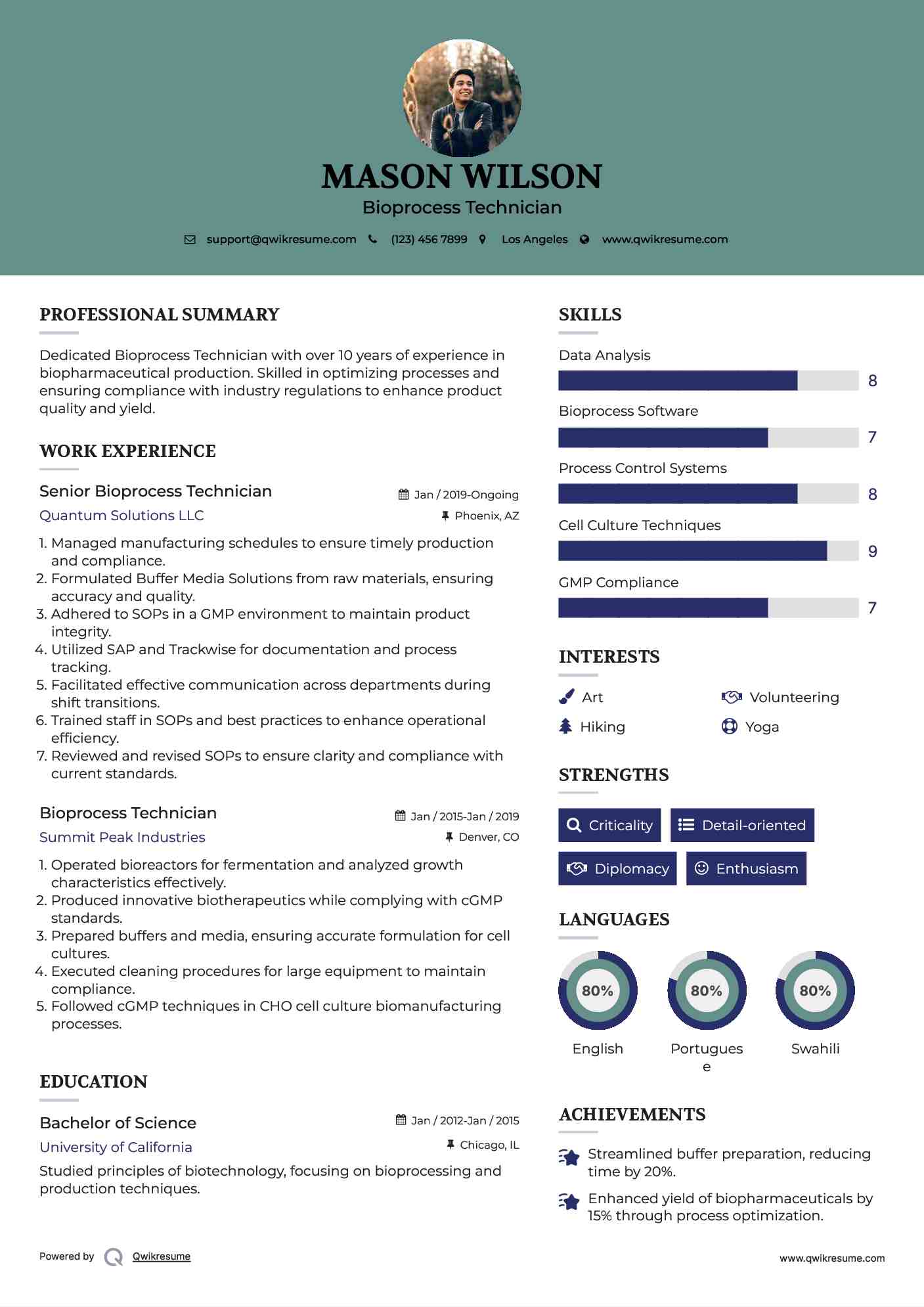 Senior Bioprocess Technician Resume Sample