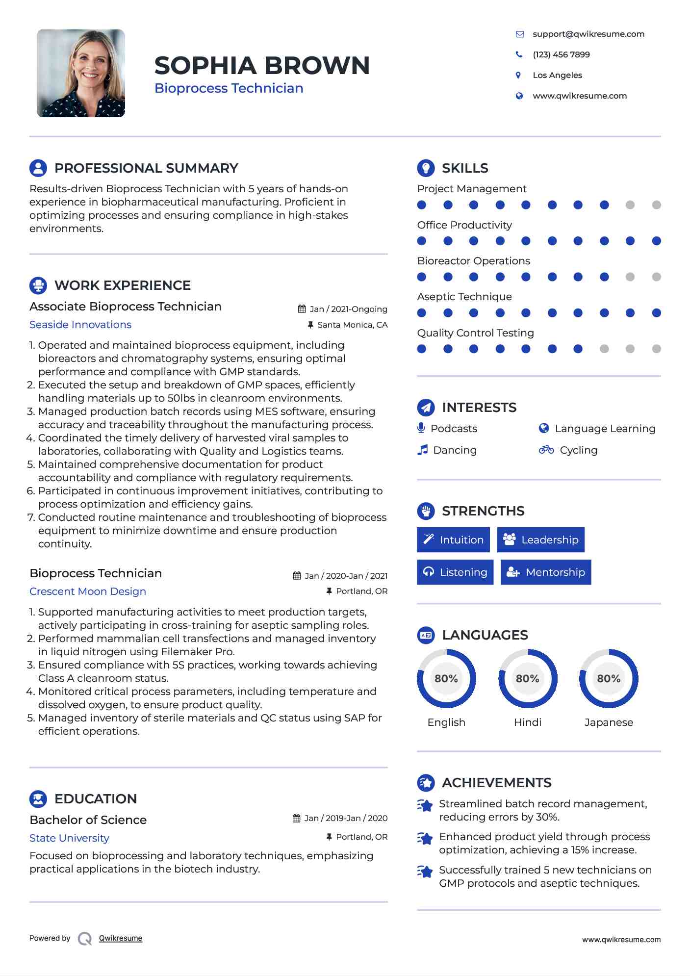 Associate Bioprocess Technician Resume Example