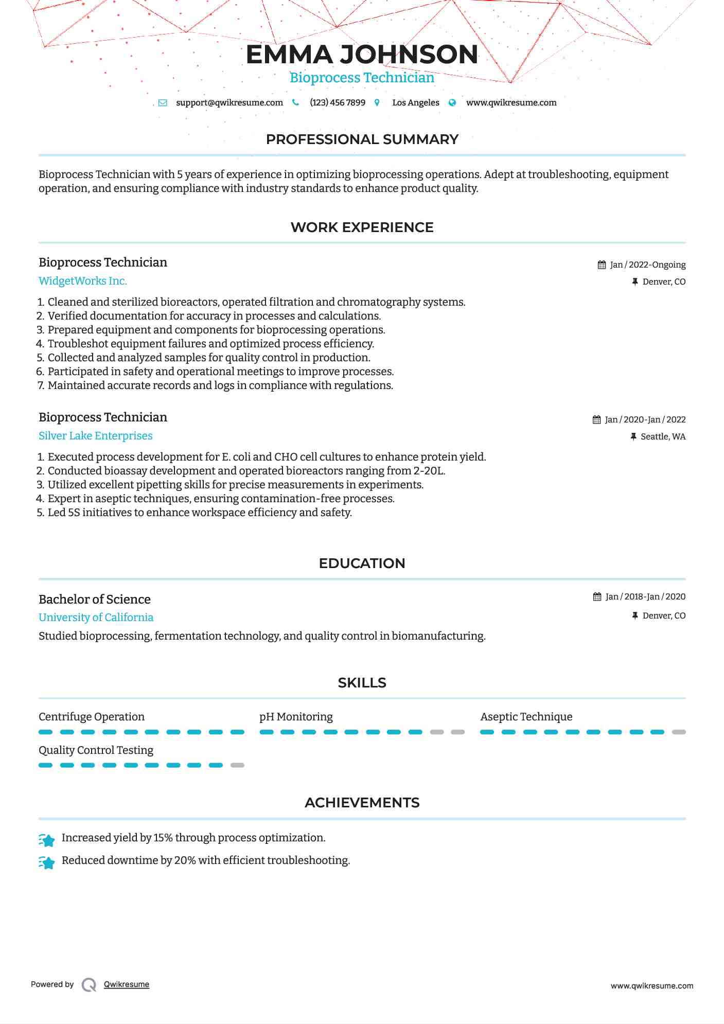 Bioprocess Technician Resume Model