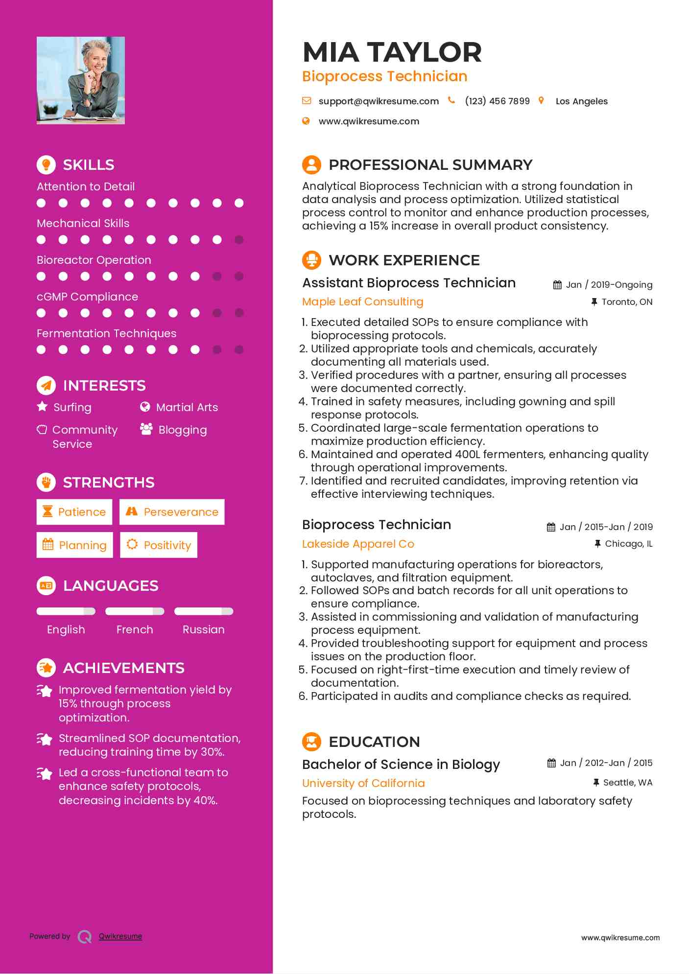 Assistant Bioprocess Technician Resume Template