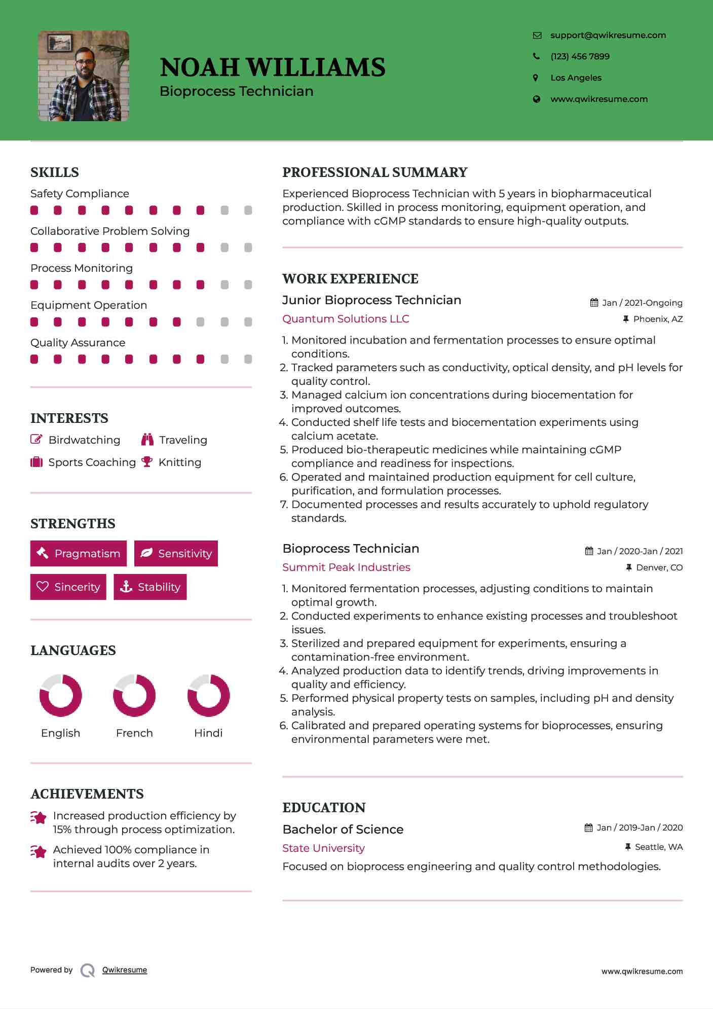 Junior Bioprocess Technician Resume Format