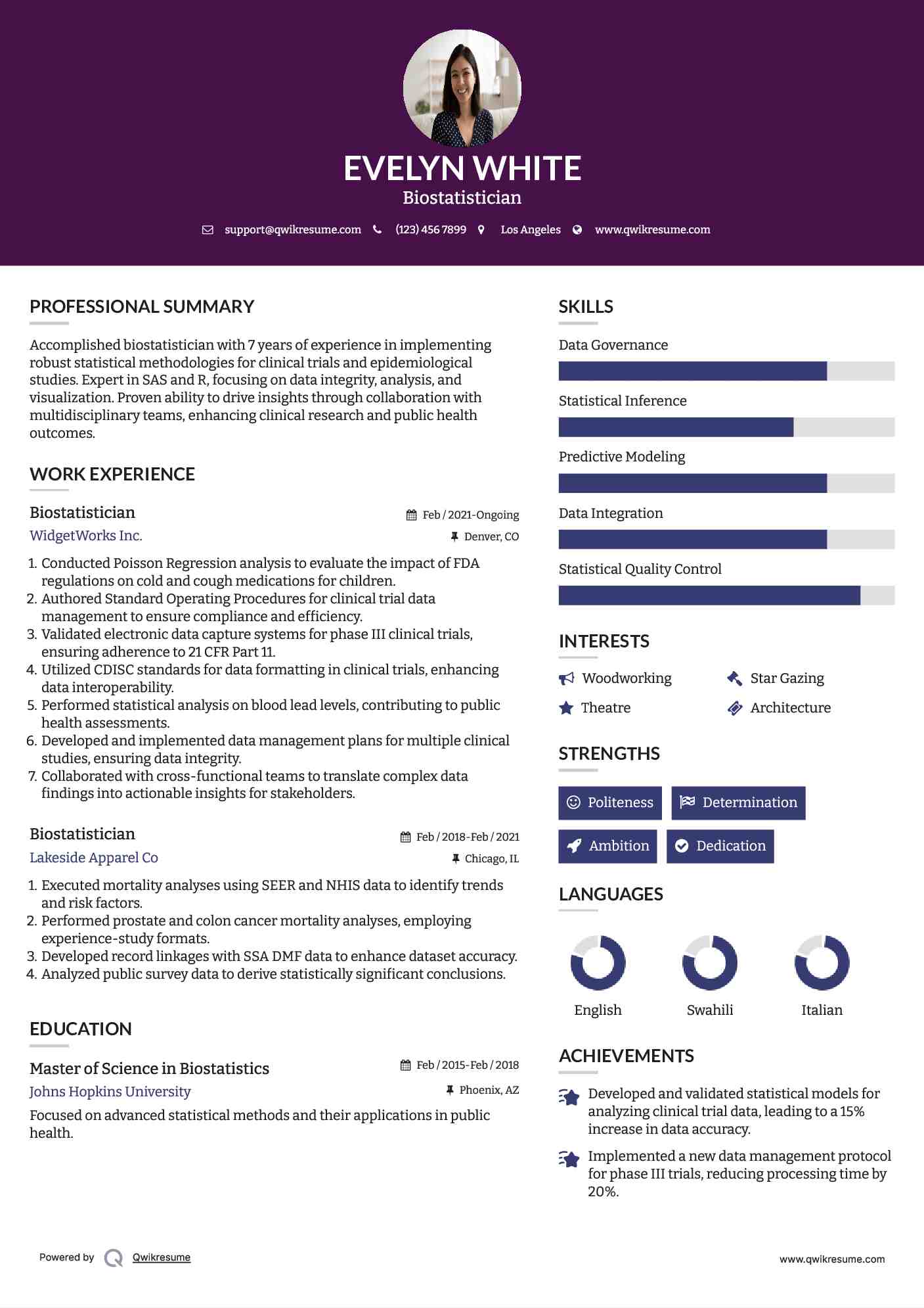 Biostatistician Resume Sample