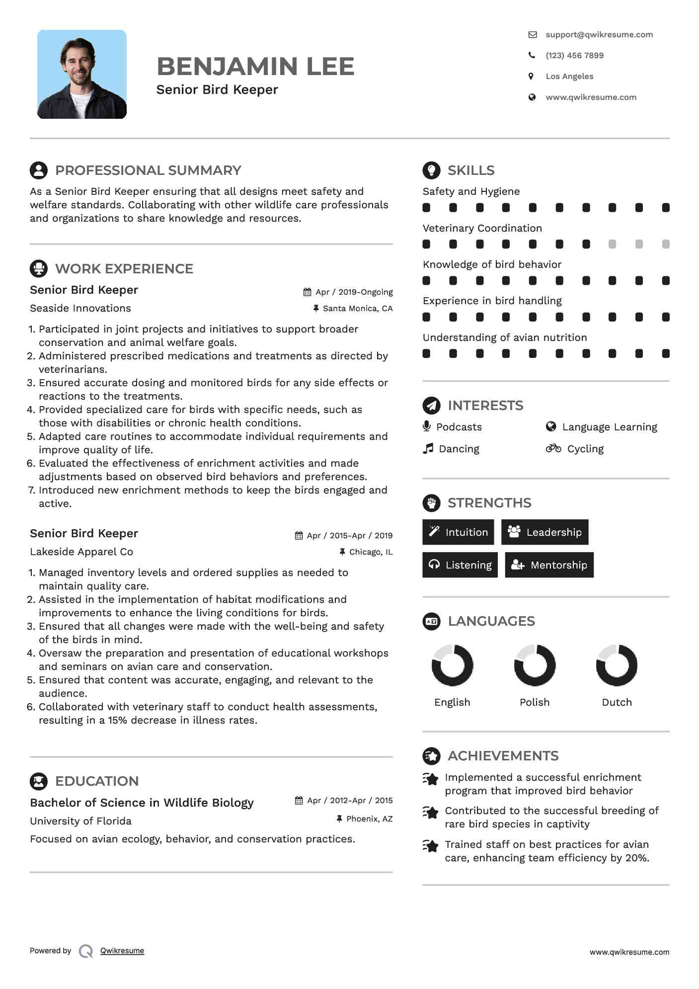 Senior  Bird Keeper Resume Template