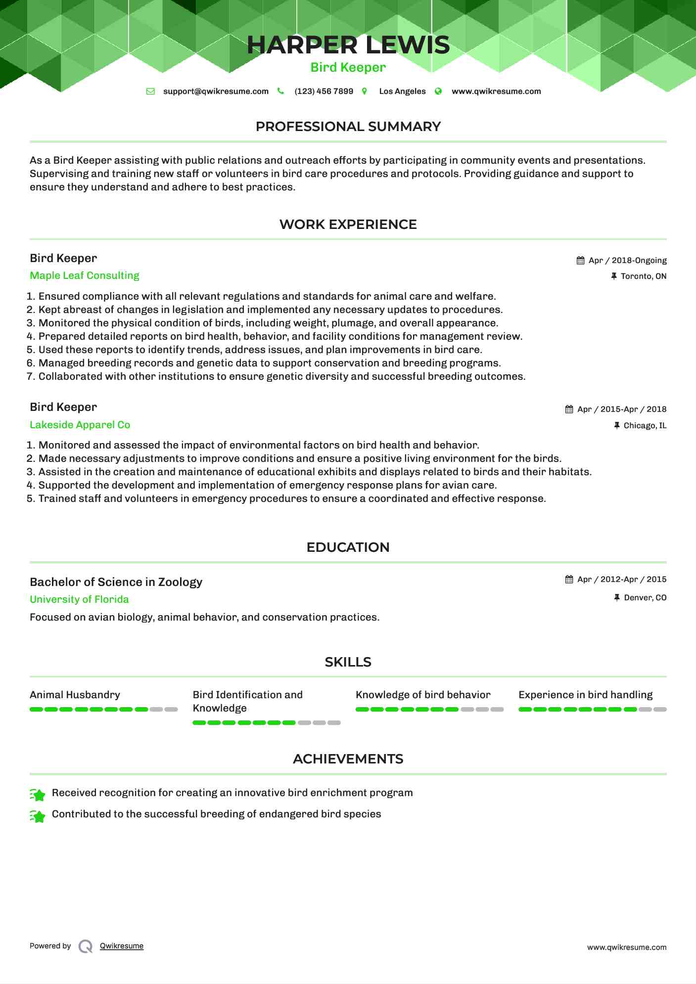 Bird Keeper Resume Sample