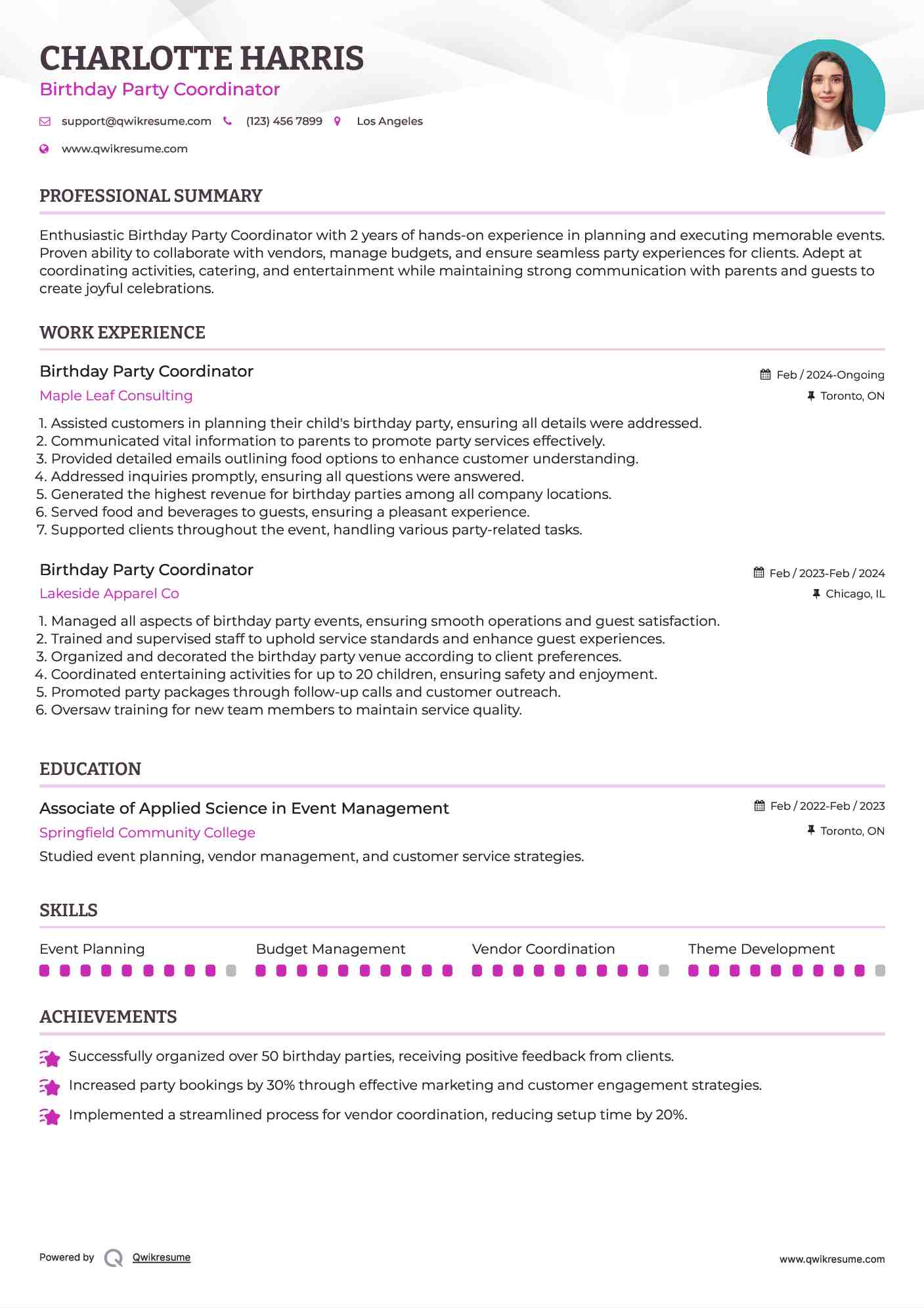 Birthday Party Coordinator Resume Model
