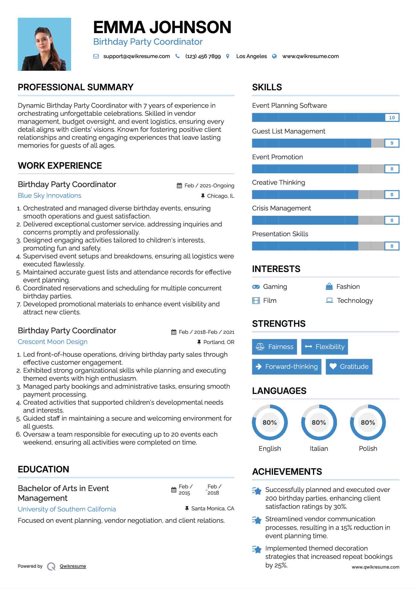 Birthday Party Coordinator Resume Model