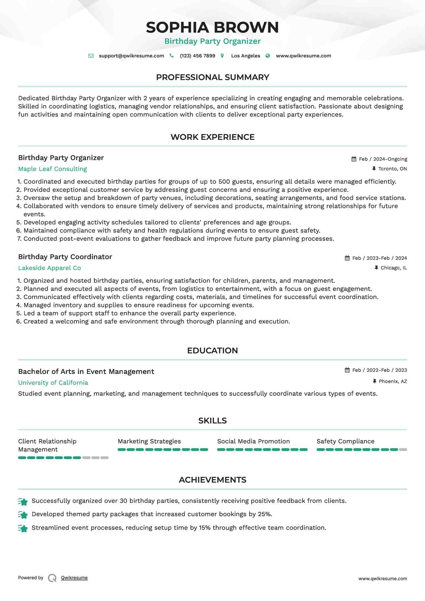 Birthday Party Organizer Resume Model