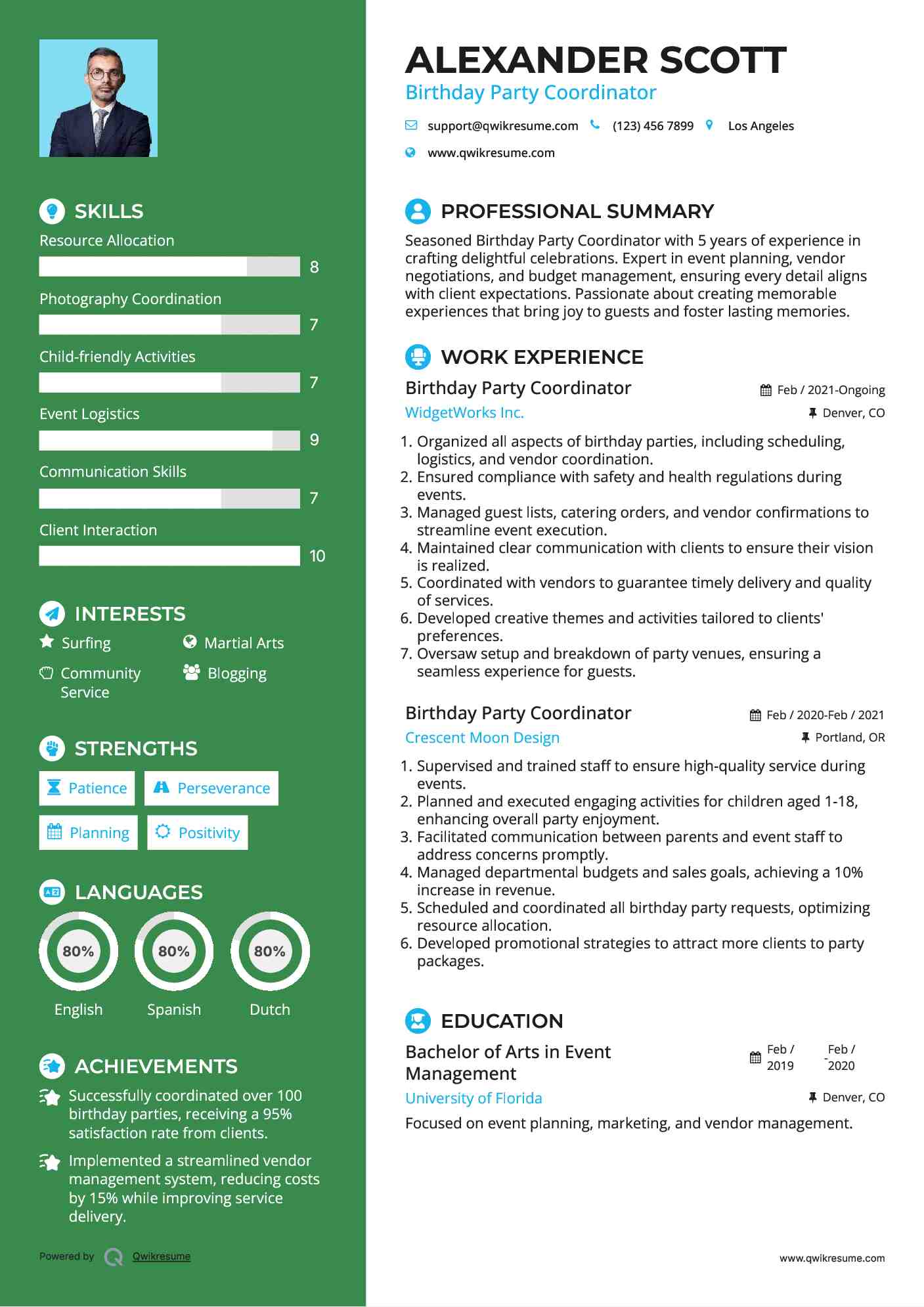 Birthday Party Coordinator Resume Sample