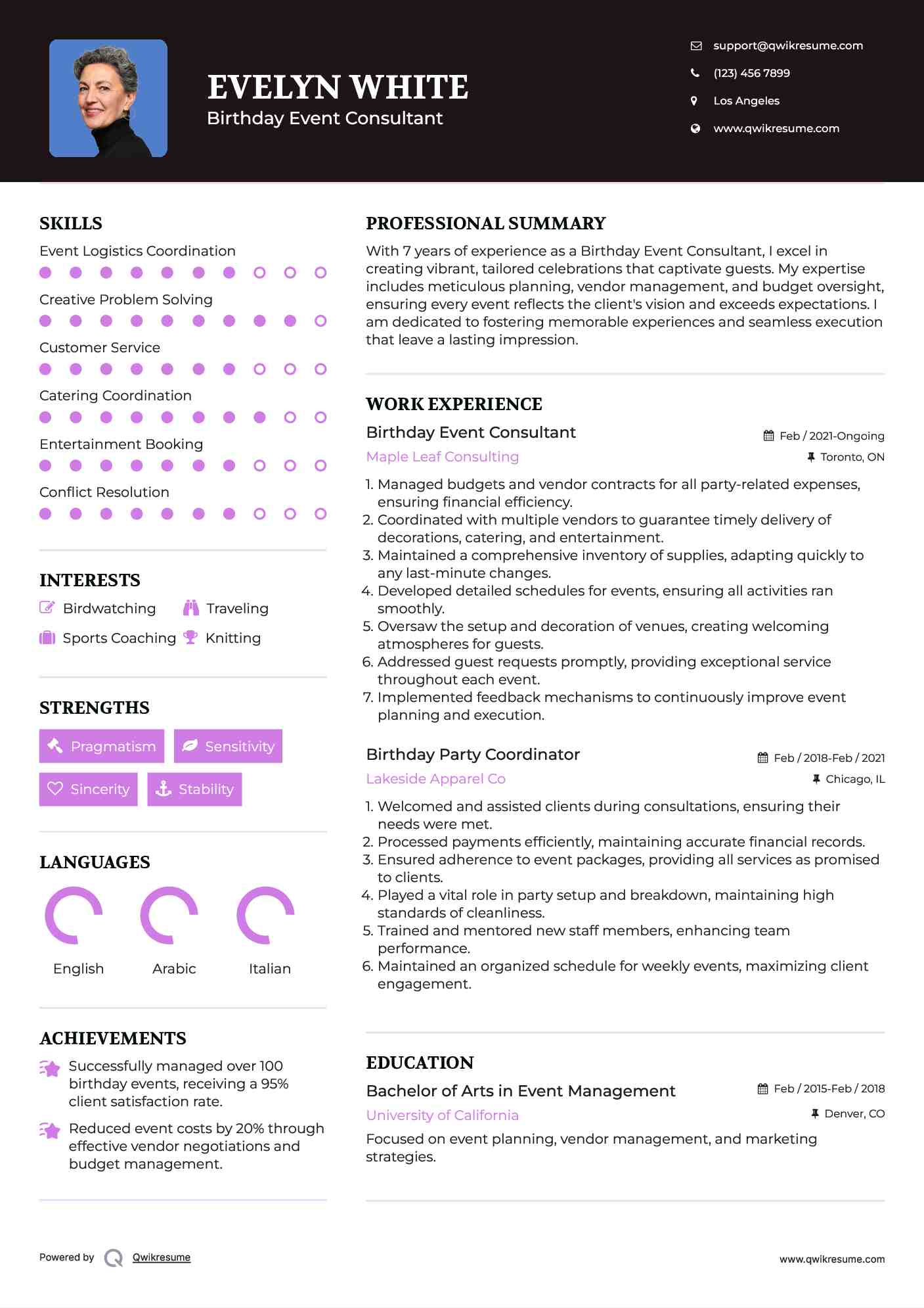 Birthday Event Consultant Resume Model