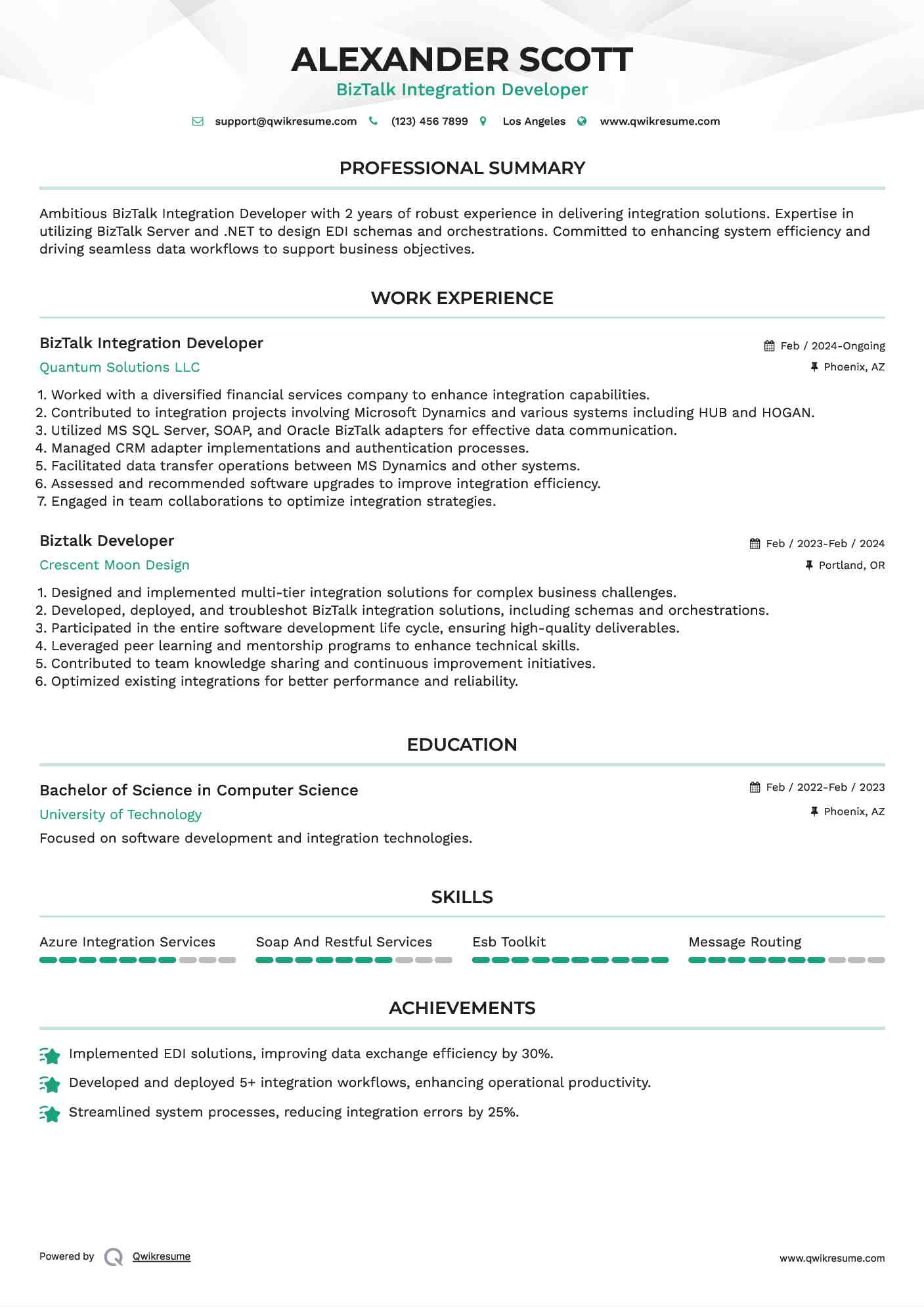 BizTalk Integration Developer Resume Example