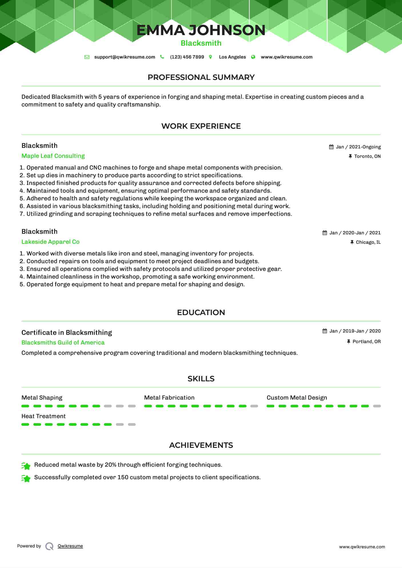 Blacksmith Resume Example