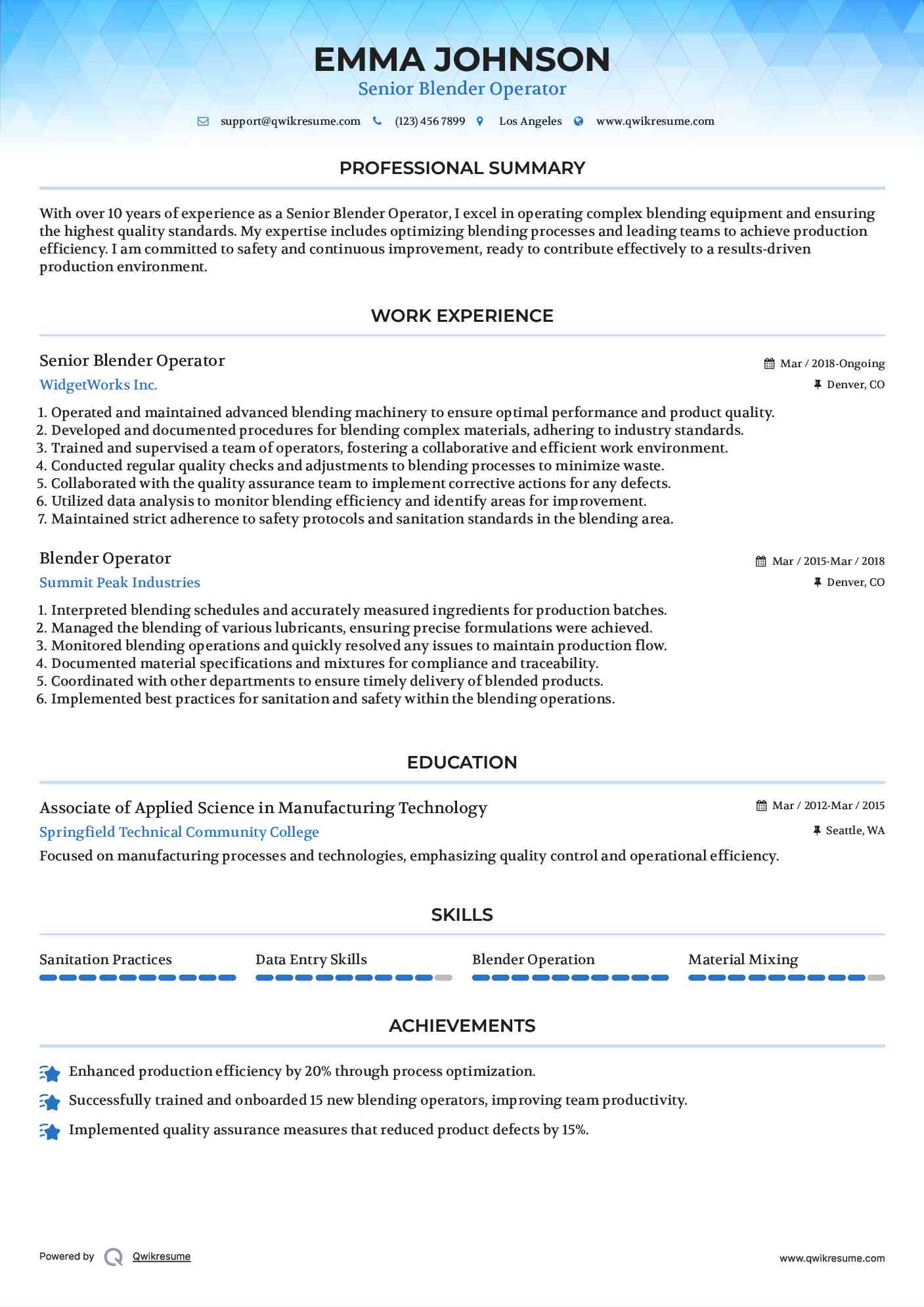 Senior Blender Operator Resume Sample