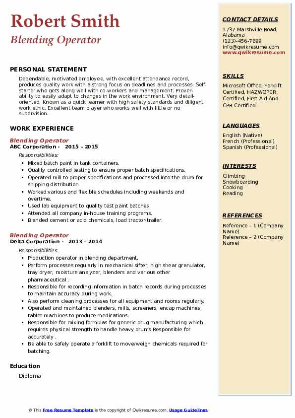 Blending Operator Resume Samples QwikResume