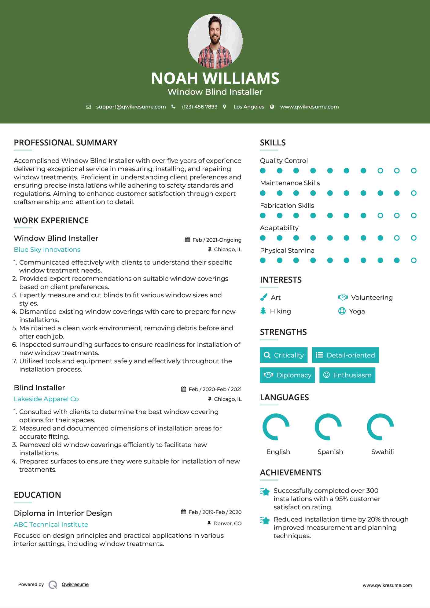 Window Blind Installer Resume Sample