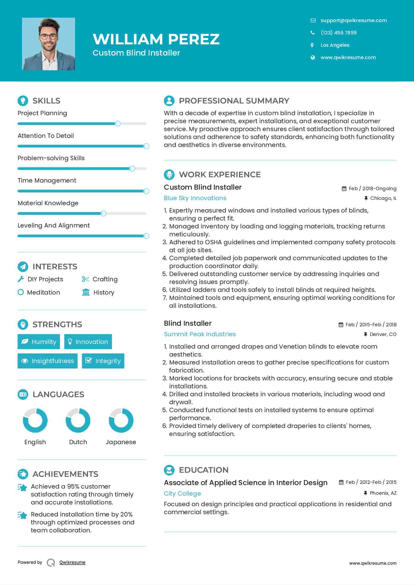 Custom Blind Installer Resume Sample