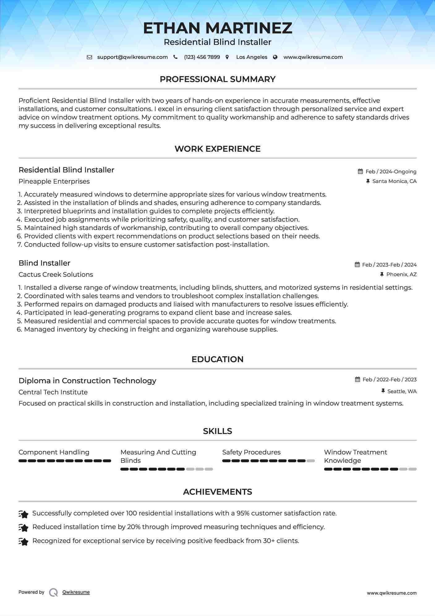 Residential Blind Installer Resume Sample