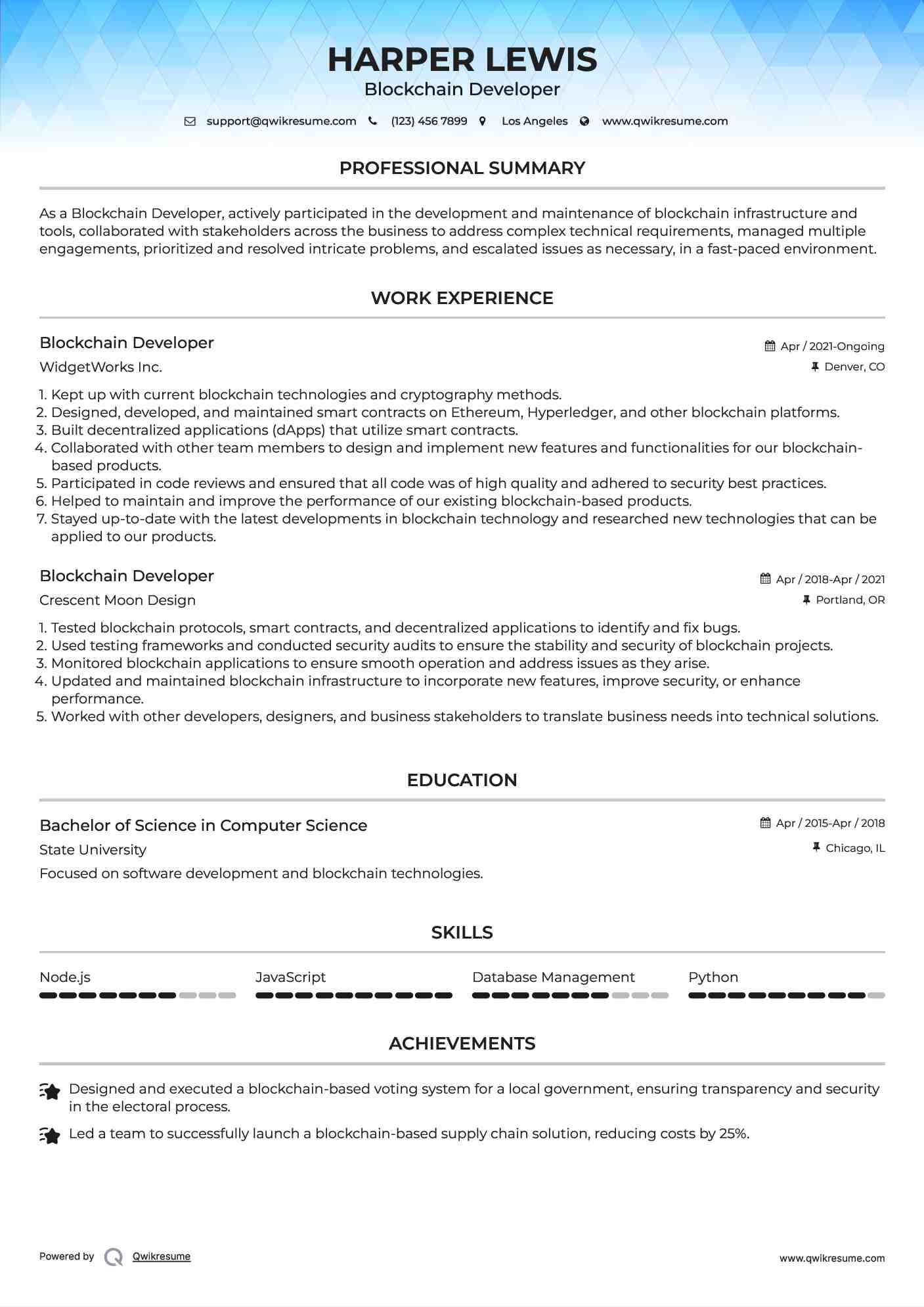 Blockchain Developer Resume Model