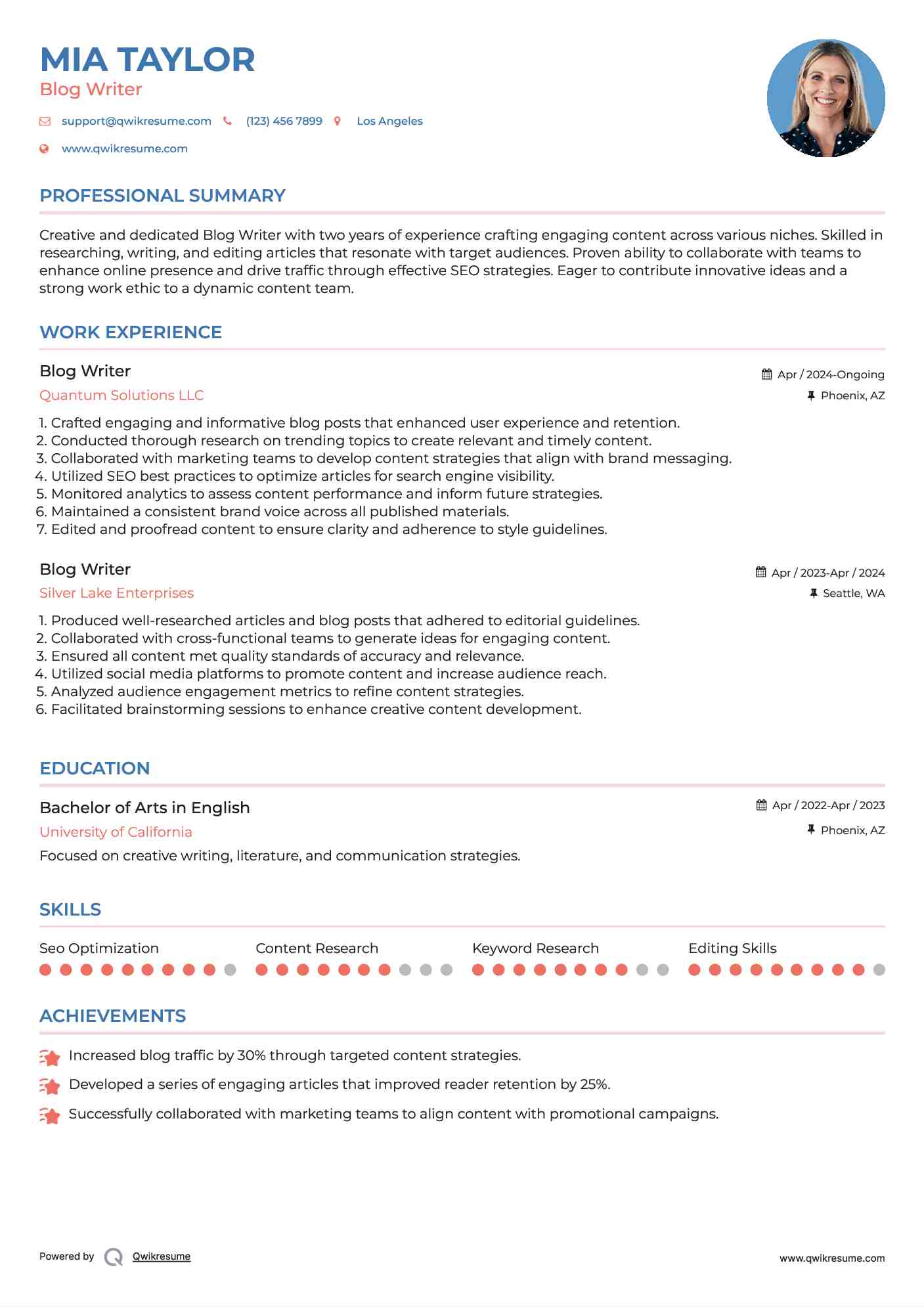Blog Writer Resume Template