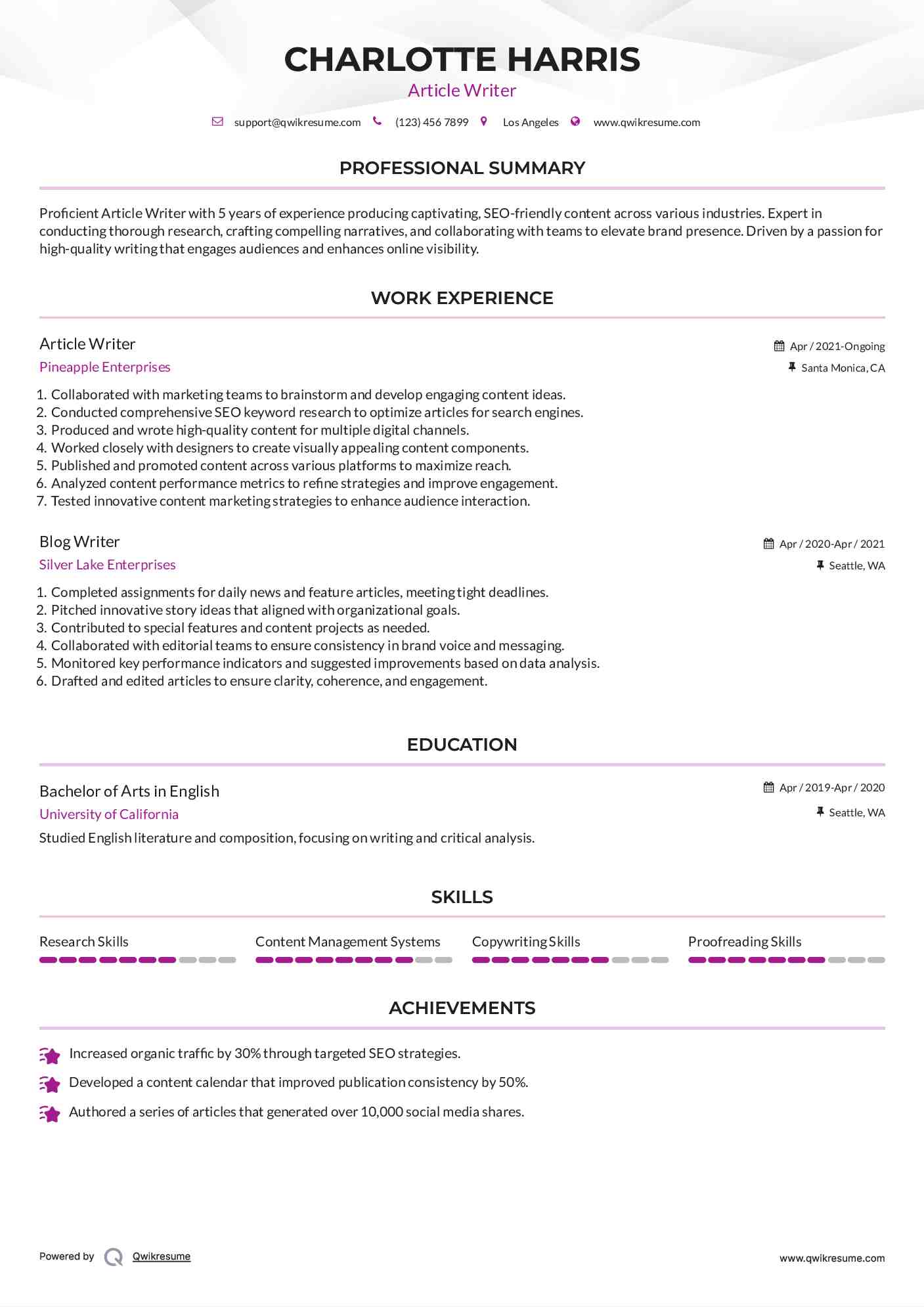 Article Writer Resume Sample