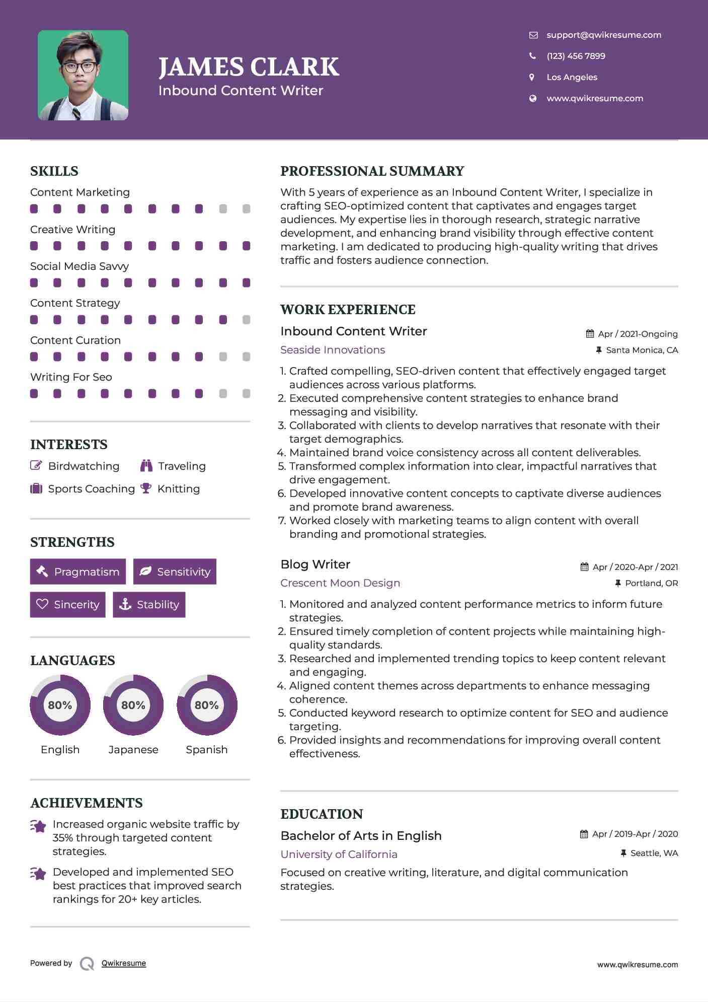 Inbound Content Writer Resume Example