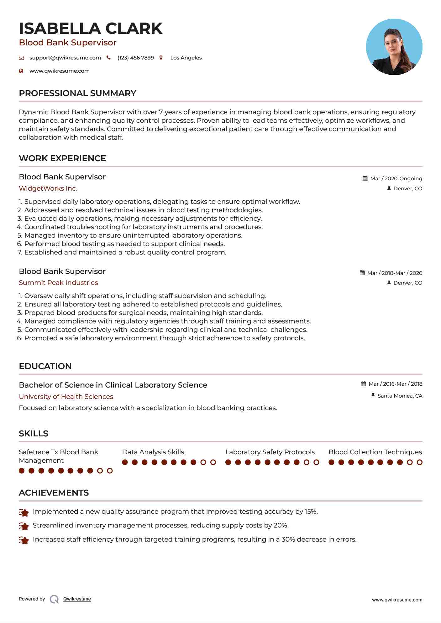 Blood Bank Supervisor Resume Template