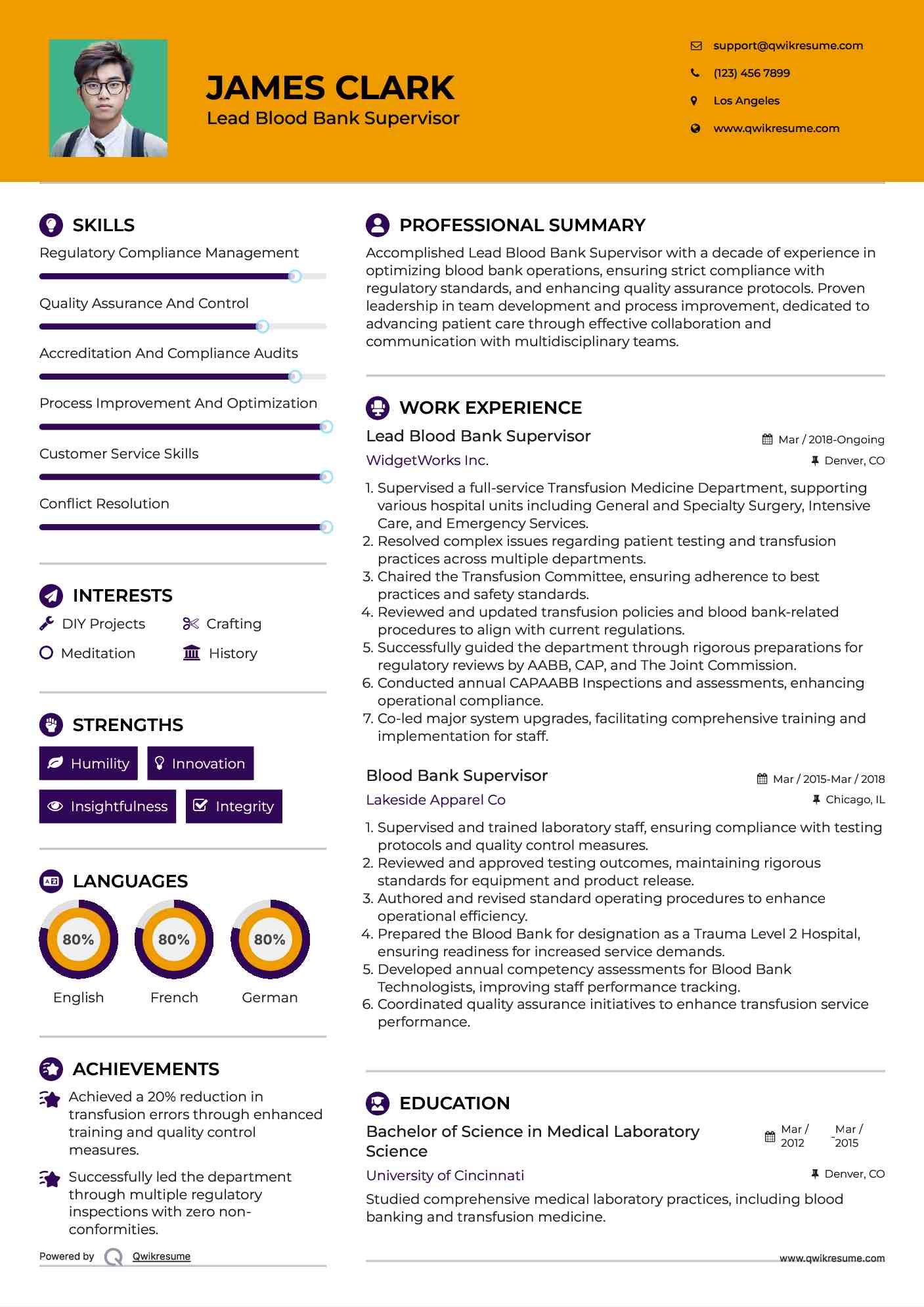 Lead Blood Bank Supervisor Resume Model