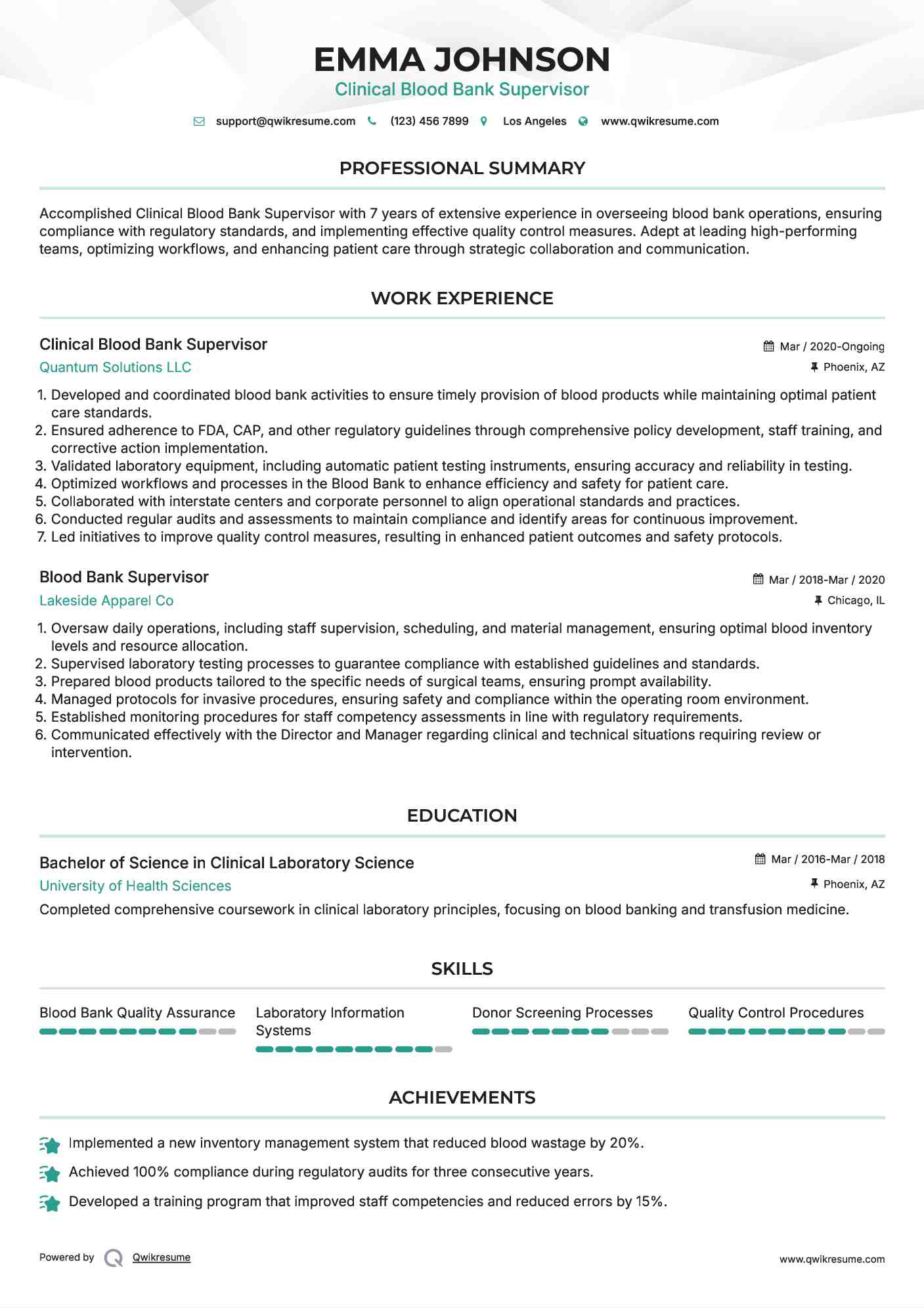 Clinical Blood Bank Supervisor Resume Model