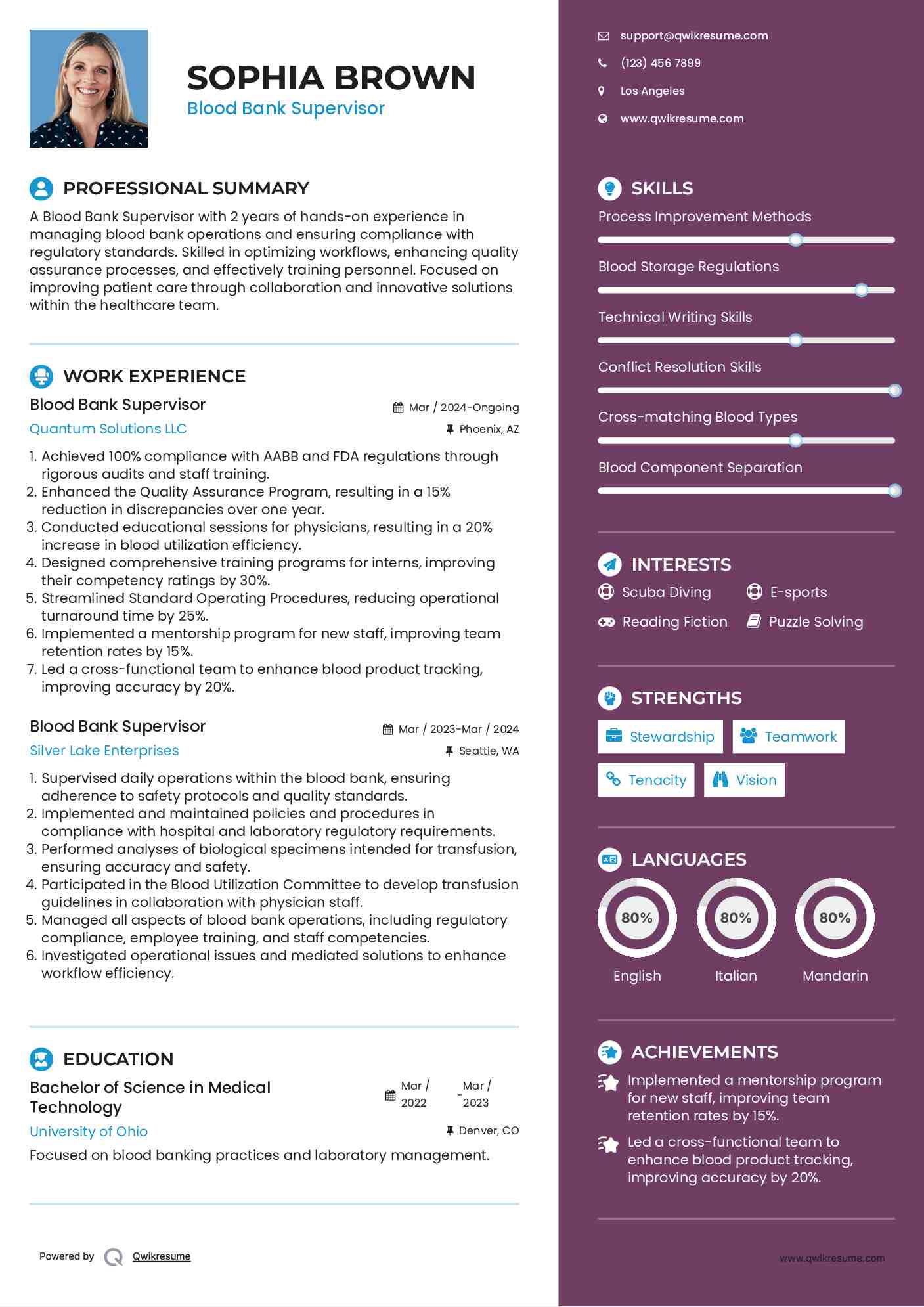 Blood Bank Supervisor Resume Example