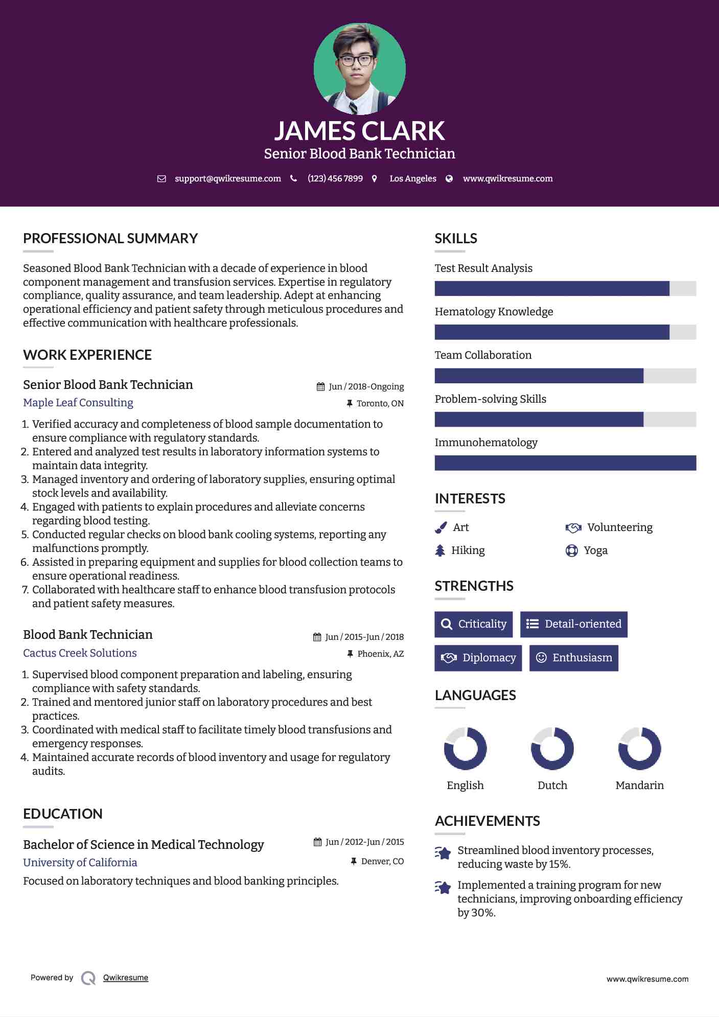 Senior Blood Bank Technician Resume Sample
