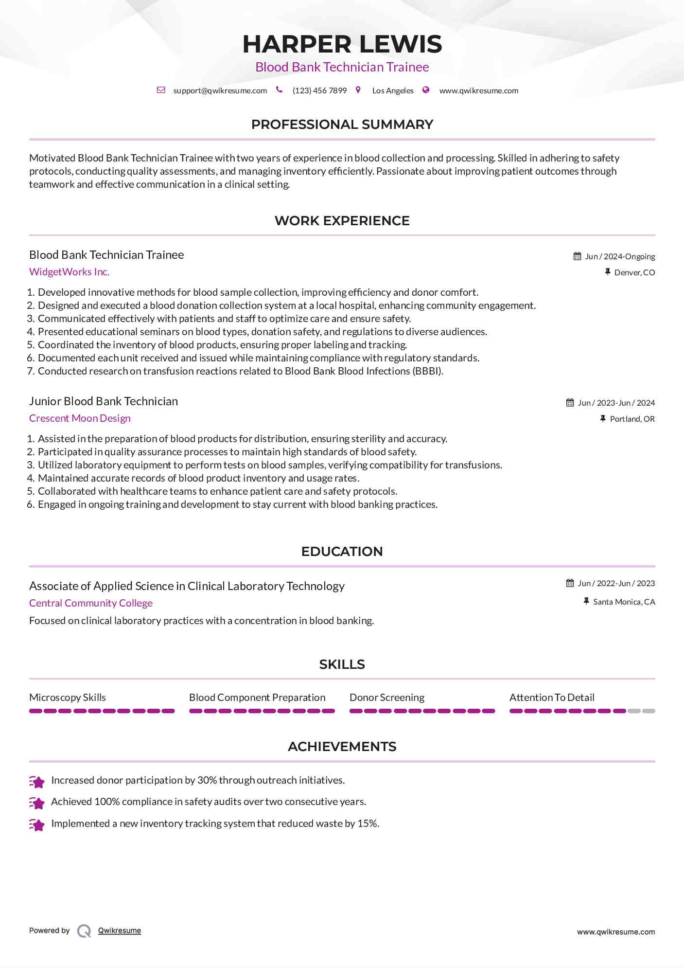 Blood Bank Technician Trainee Resume Template