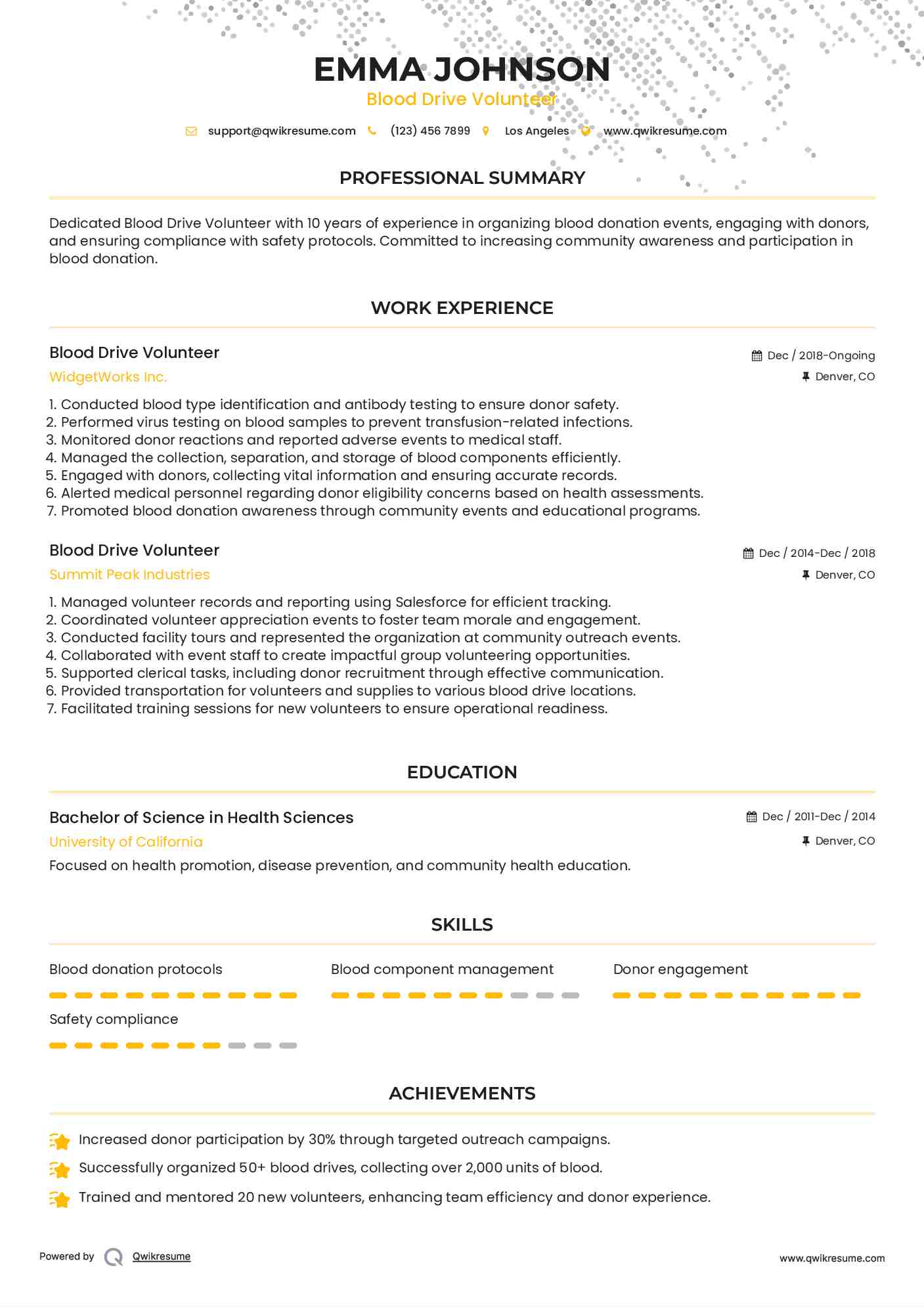 Blood Drive Volunteer Resume Sample