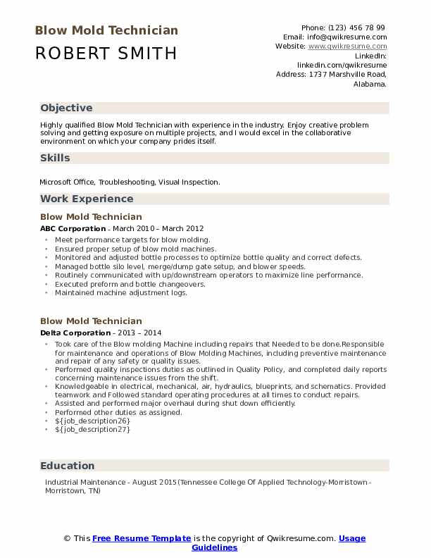 Blow Mold Technician Resume Samples QwikResume