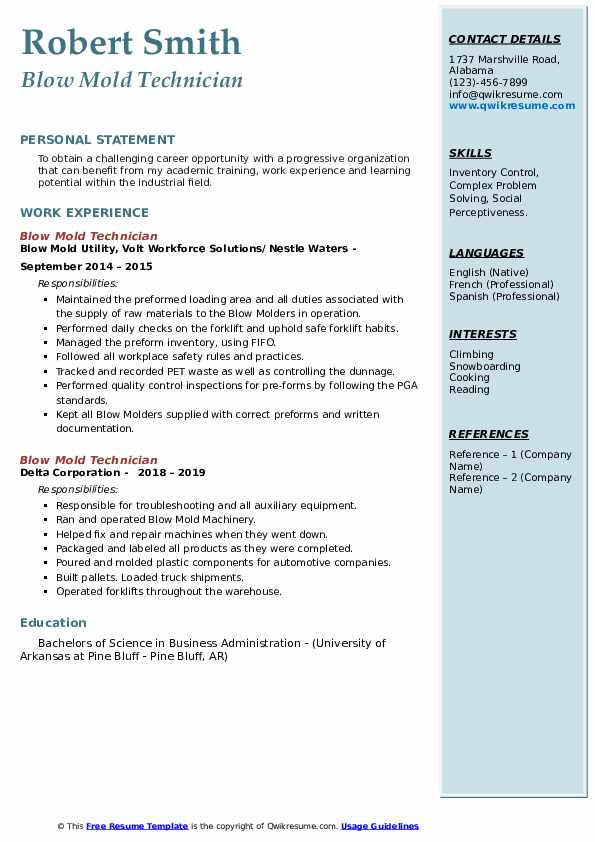 Blow Mold Technician Resume Samples QwikResume