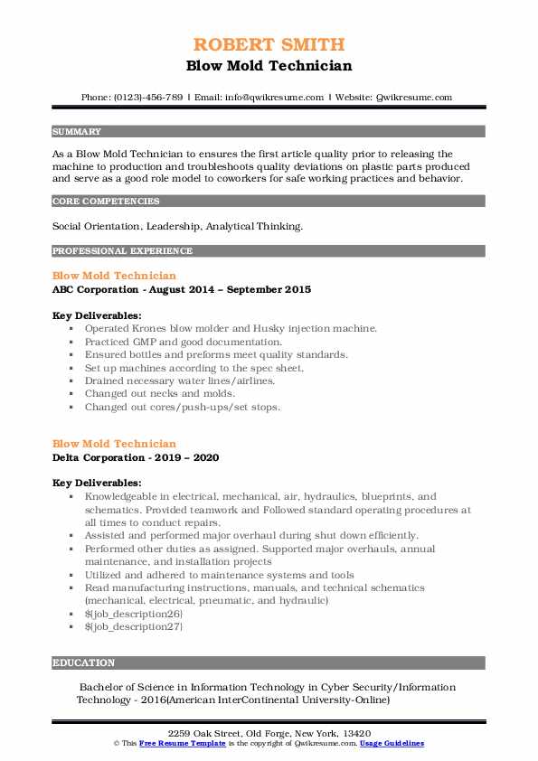 Blow Mold Technician Resume Samples QwikResume